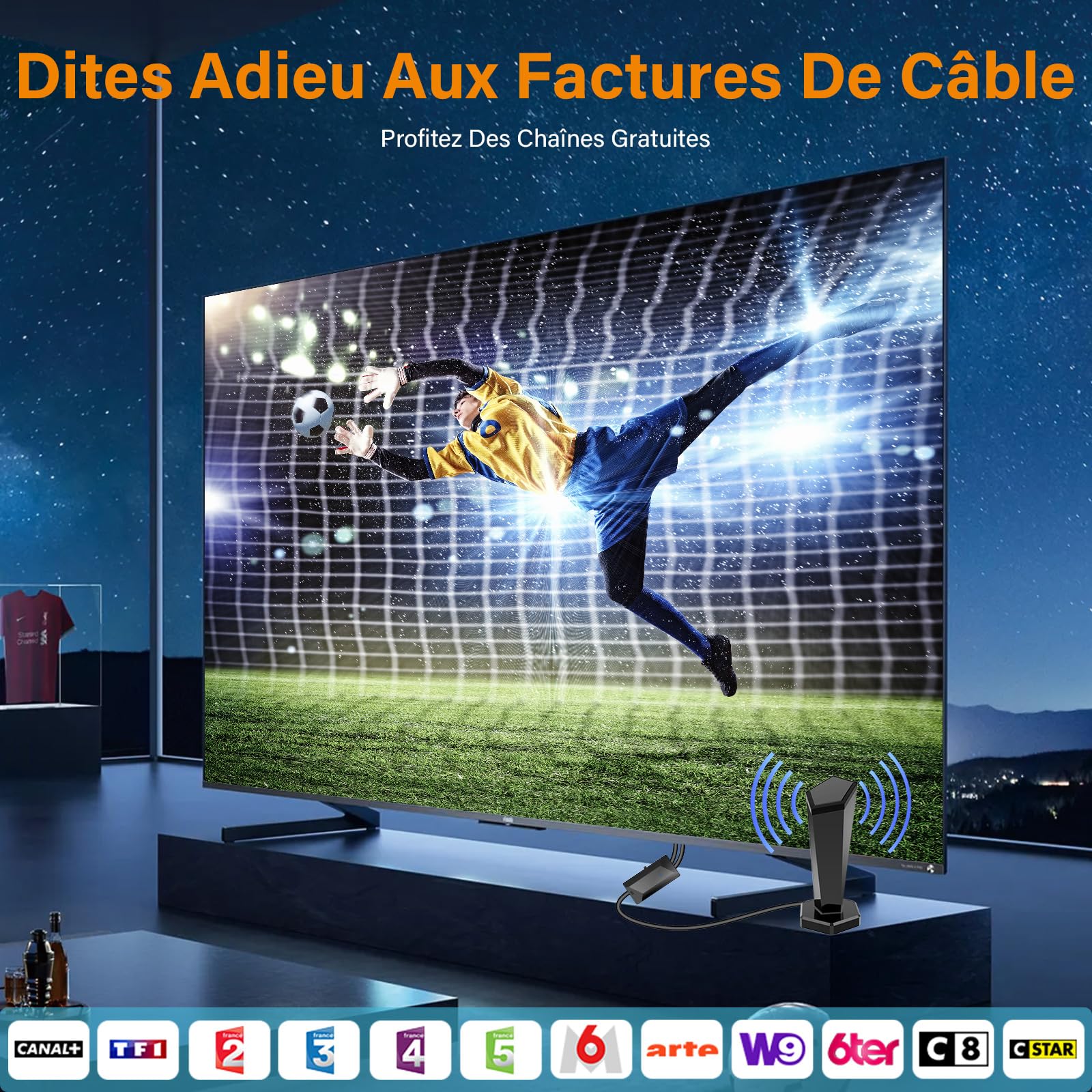 Antenne TV Intérieure Puissante, Antenne TNT Intérieure avec Amplificateur de Signal Intelligent,Réception 360° Longue Portée 500km,Compatible Smart TV 1080P 4K DVB-T/DVB-T2