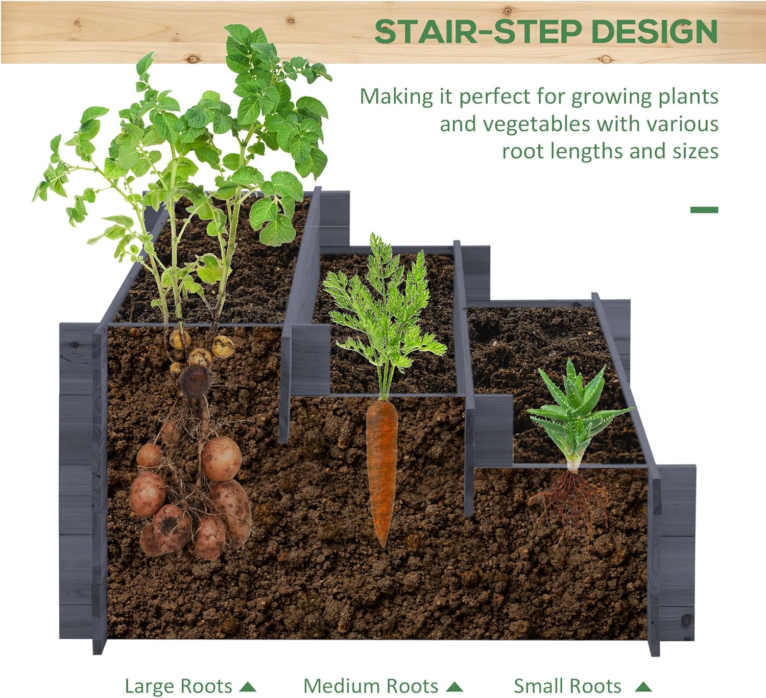 Outsunny 3-Tier Wood Raised Garden Bed, Elevated Planting Box, Outdoor Vegetable Flower Container, Herb Garden Indoor Kit, Gray - Image 4