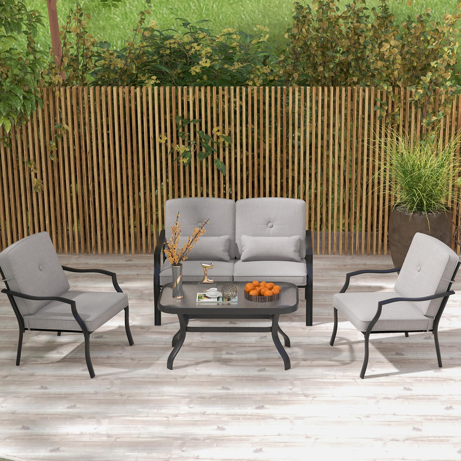 GIANTEX Set di 4 mobili da giardino con tavolino da salotto e panca da giardino e 2 sedie da pranzo, set da 4 persone, set da giardino con cuscino, mobili da giardino