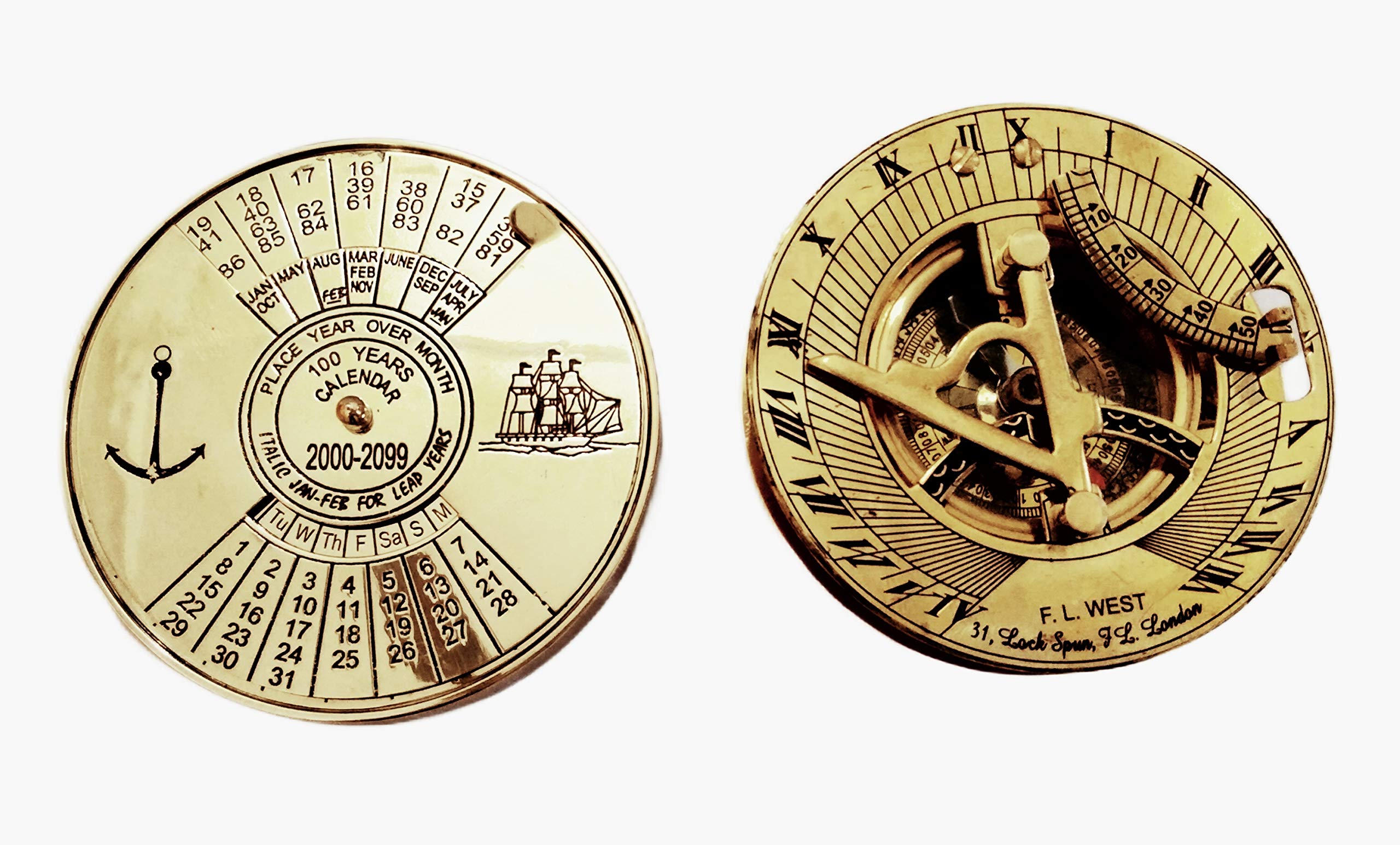Ascent Gifts Set of 2 Shiny Finish Brass Sundial Compass with Brass Calendar Paper Weight Set-image-21