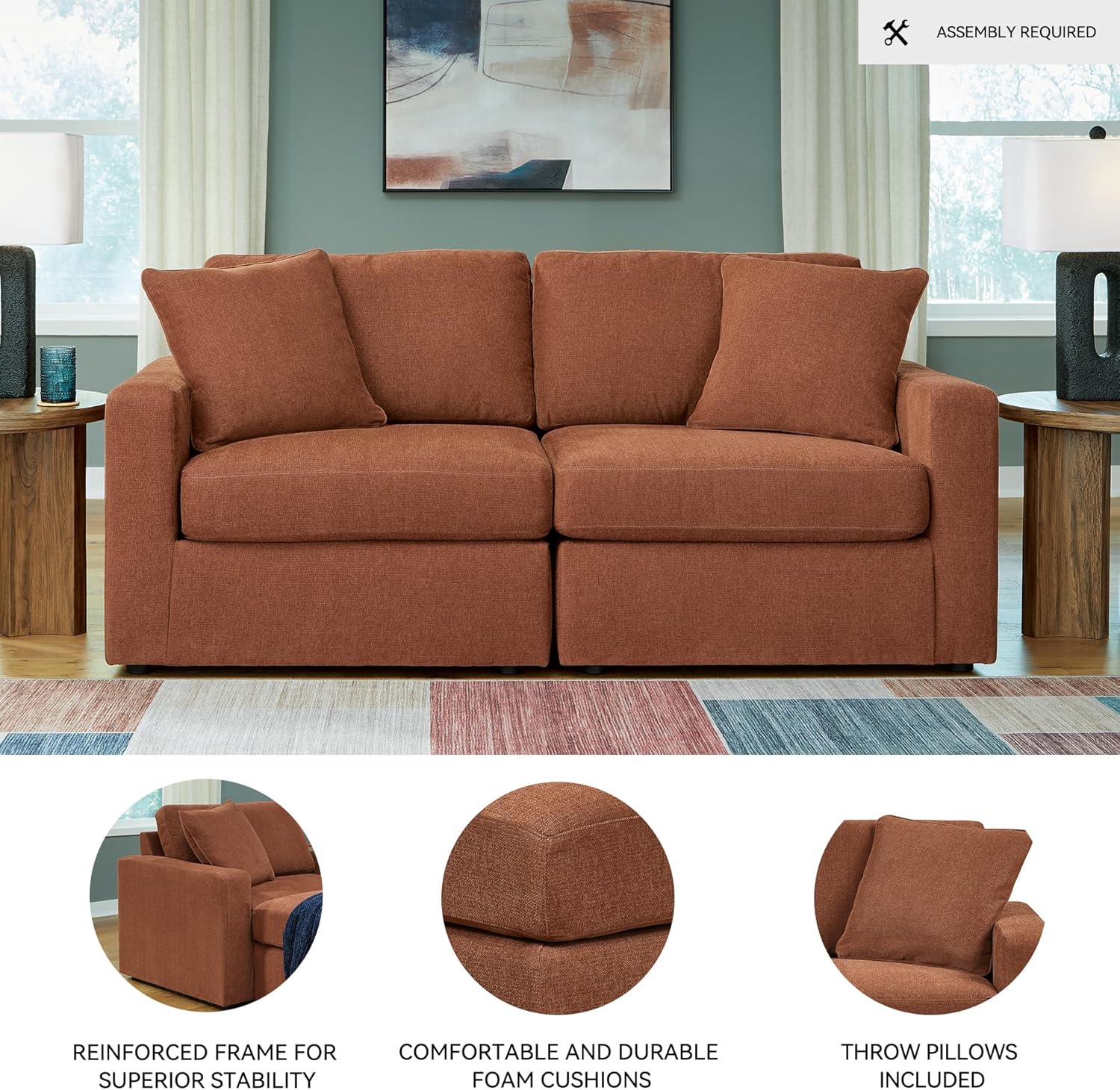 Signature Design by Ashley Modmax Modern Modular Stain Resistant 2-Piece Loveseat with Removable Covers and 2 Accent Pillows, Orange