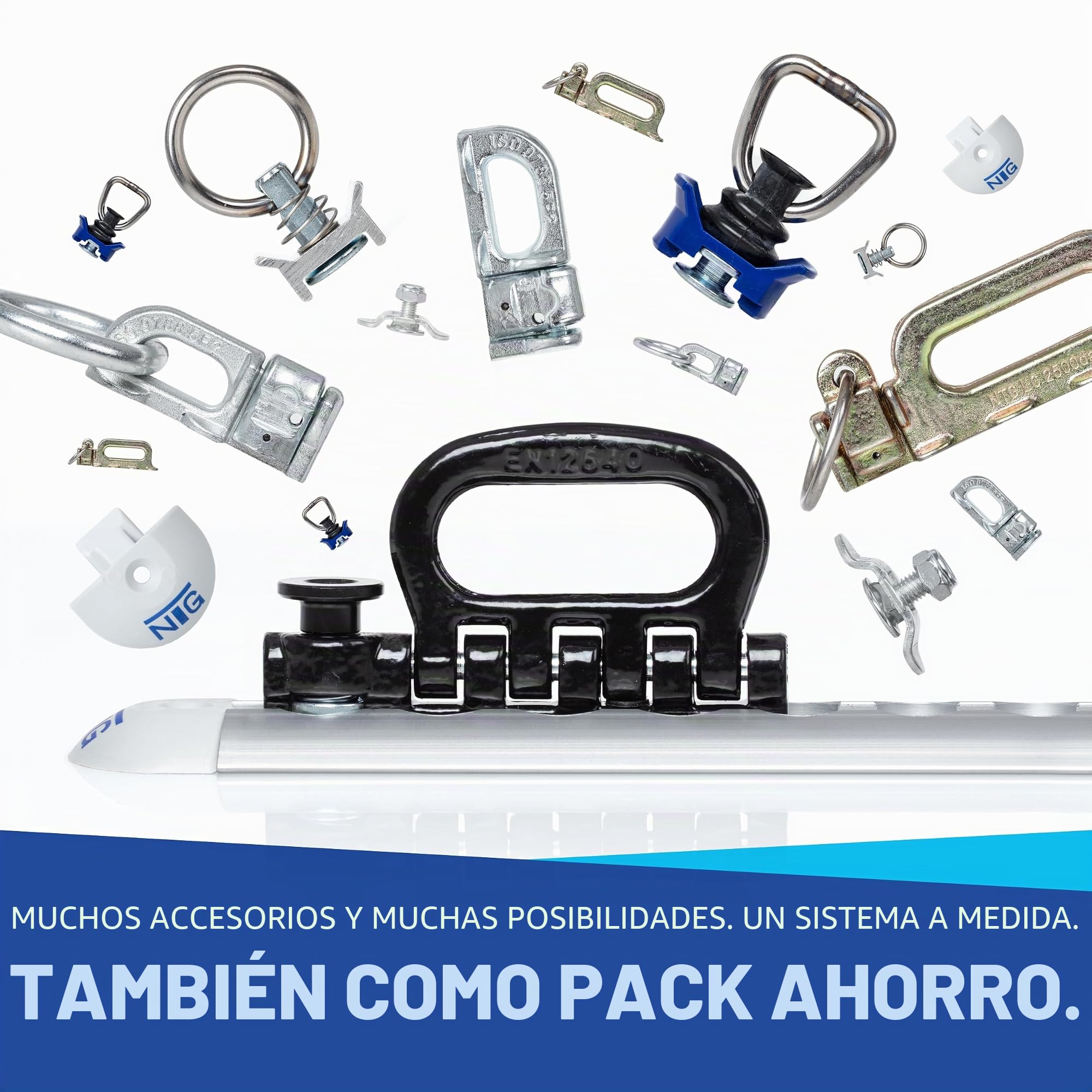 NTG - Riel de anclaje de aluminio de 4 x 1 m, forma semiredonda, con perforaciones, 1 m - 1000 mm, set de iniciación, con 20 conectores de aluminio y 8 tapas