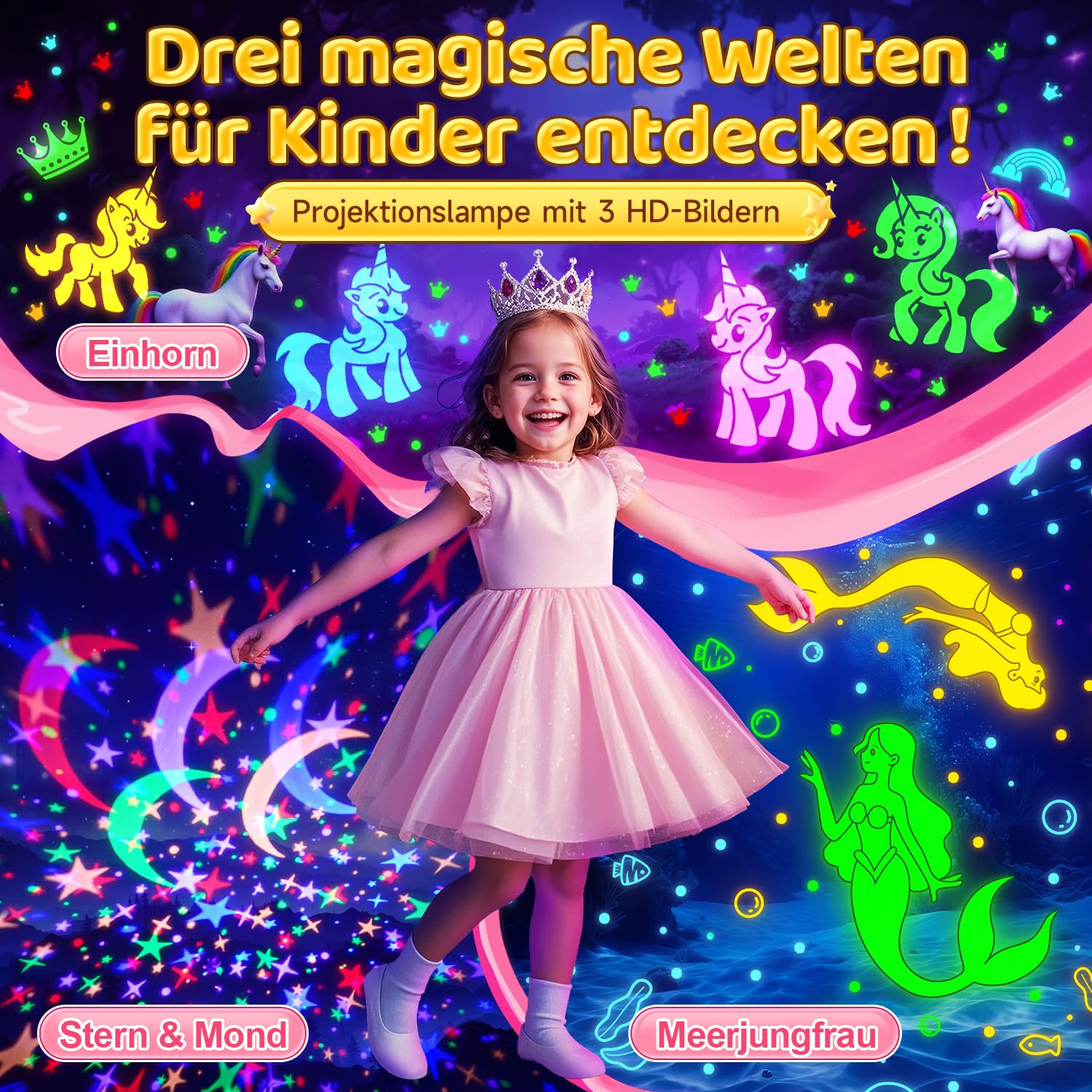 Einhorn Spielzeug ab 3-12 Jahre Mädchen, 【3 Filme+93 Effekte+Dimmbar】 Einhorn Geschenke für Mädchen Geschenke, 【Remote+3 Timer+Rotation】 Sternenhimmel Projektor Kinder, Meerjungfrau Spielzeug