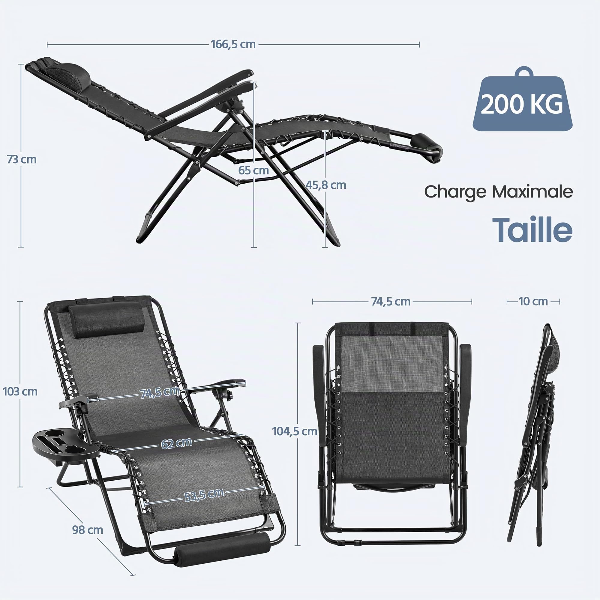 Abician Bain de Soleil Chaise Longue de Jardin avec Coussin, Fauteuil de Jardin Chaise Longue Pliable & Inclinable, avec Porte-Boisson Repose Pieds Appuie-tête Amovible, capacité 200kg aux intempéries