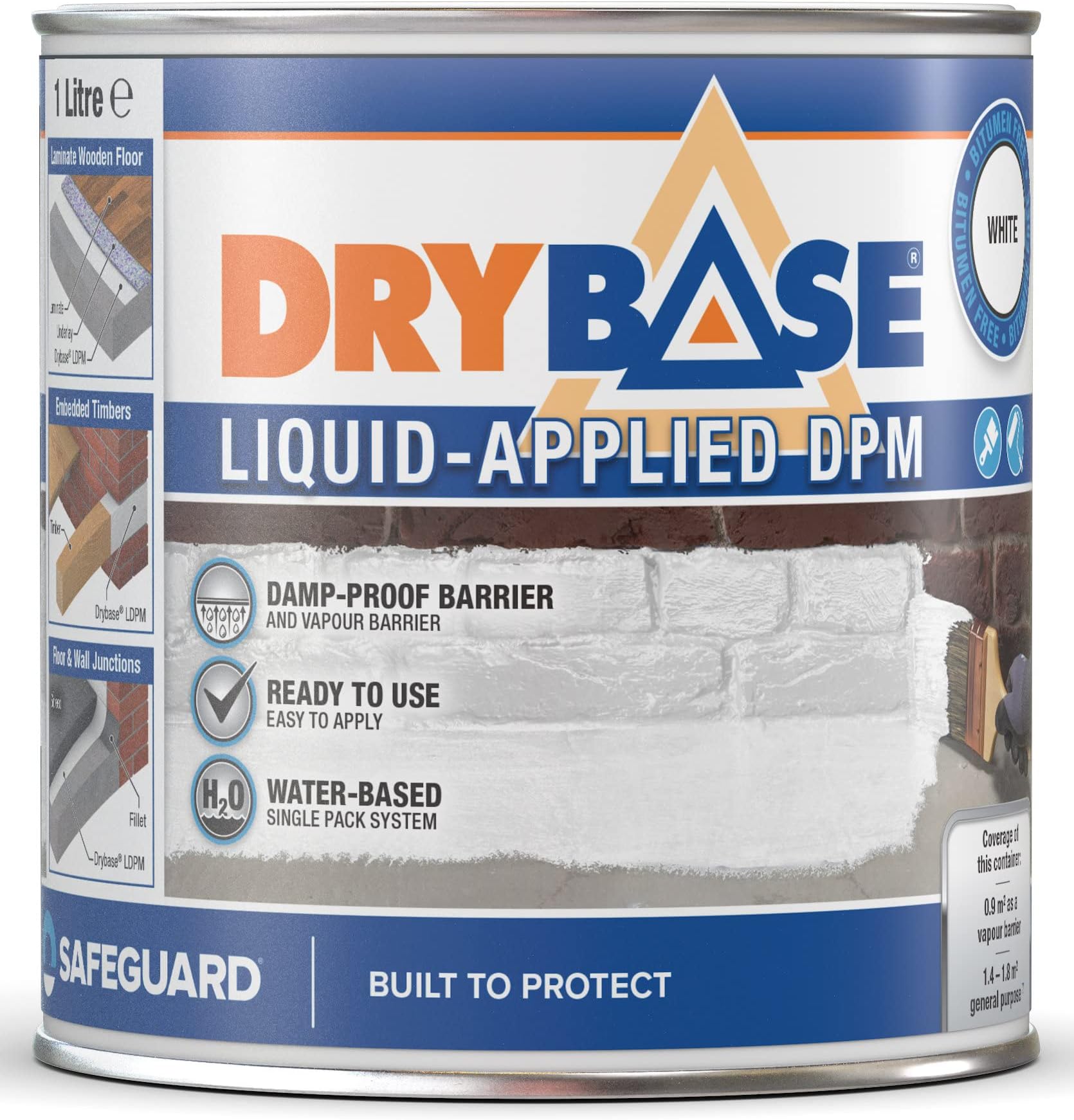 Drybase Liquid Damp Proof Membrane (1 Litre, White) - Damp Proofing Paint for Internal Walls and Floors. Waterproof Paint
