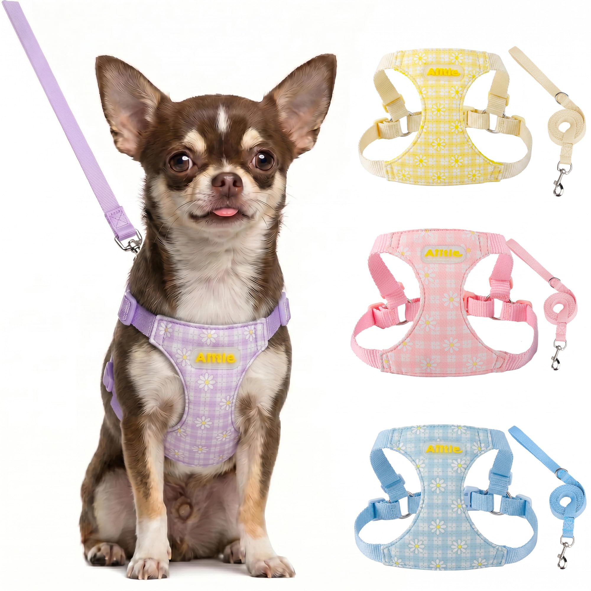 AIITLE Small Dog Vest Harness and Leash Set, Step in No Pull Dog Harness with Adjustable No Choke Design, Breathable Soft Daisy Pattern Puppy Harness for Walking, for Small Medium Dogs – Purple XS