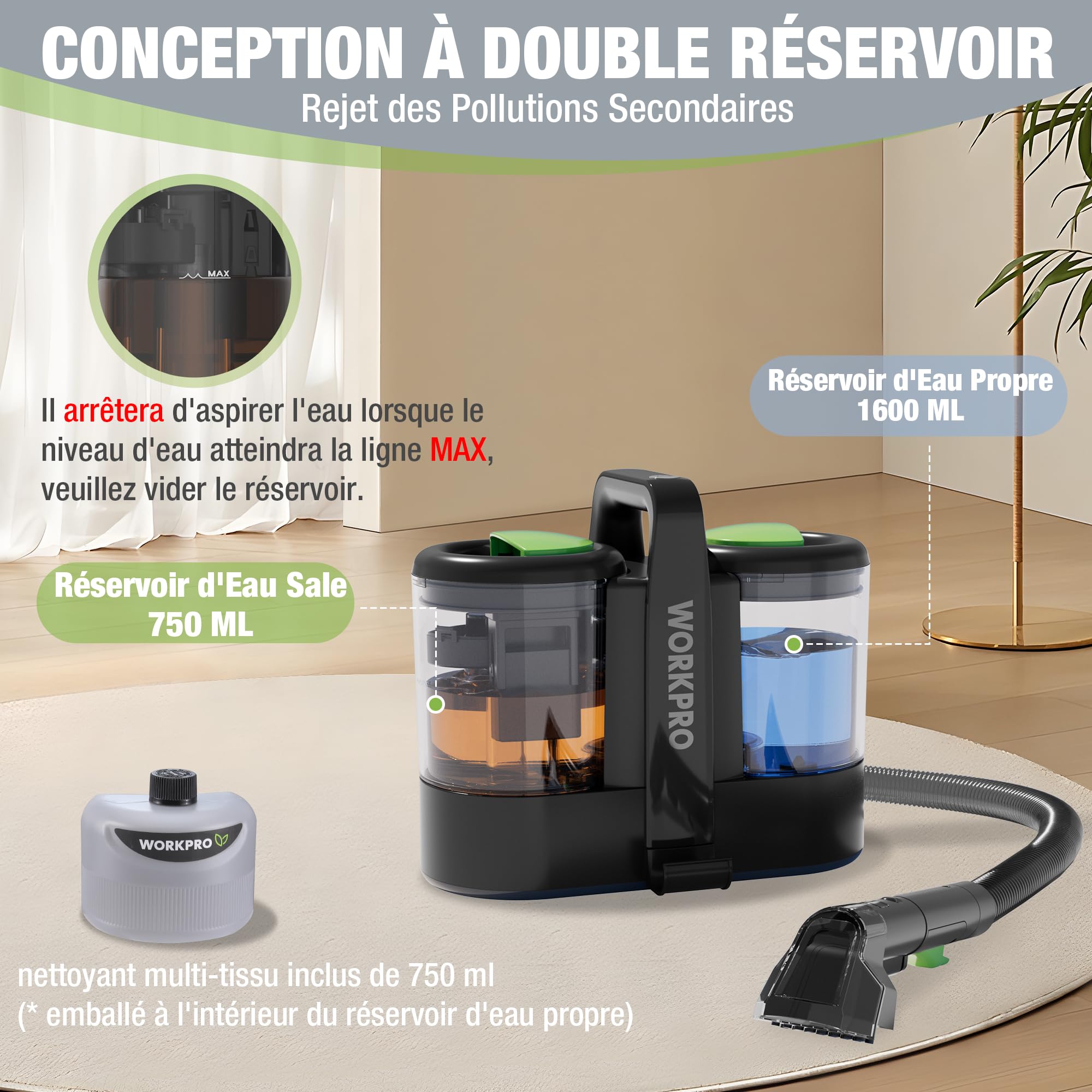 WORKPRO Nettoyeur de Tapis 450W, Shampouineuse Canape, Nettoyeur Moquettes avec Double Réservoirs 1,6L+0,75L, 13kPa, 75dB, 2 Buses pour Voiture, Animaux et Tissus d'Ameublement