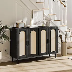 Rattan Sideboard Buffet Cabinet, Wooden Side board Accent Buffet With Power Outlet, Wood Sideboard With 4 Doors, BOHO Cabinet For Entryway, Hallway, Dining Room, Living Room, Coffee Bar (BLACK)