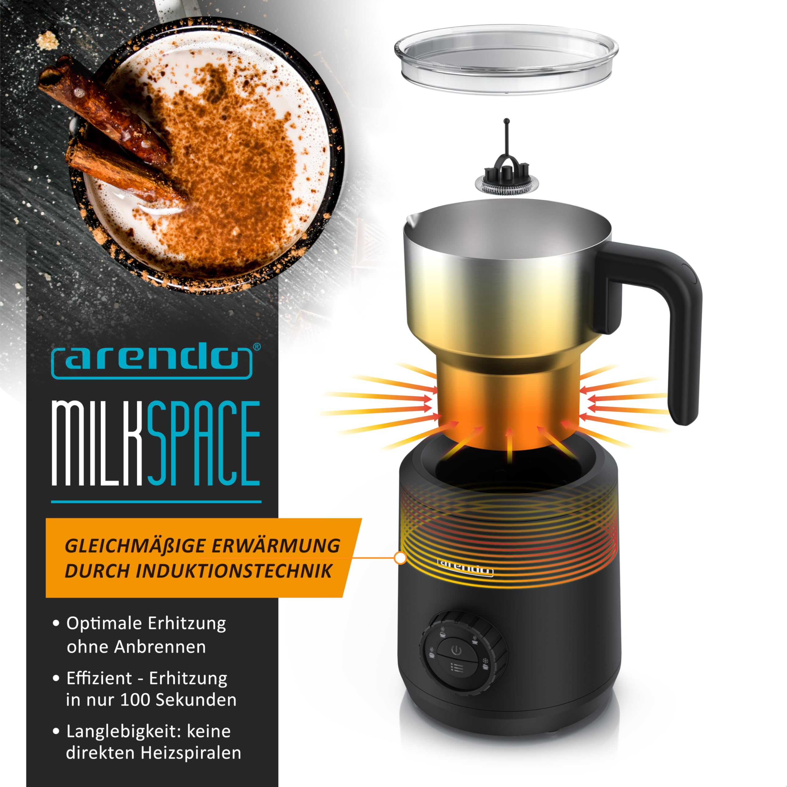 Arendo - Spieniacz do mleka indukcyjnego – indukcyjny spieniacz do mleka bez przypalania – do 400 ml – ciepła i zimna pianka mleczna – 4 temperatury – Milk Frother Coffee Latte Cappuccino
