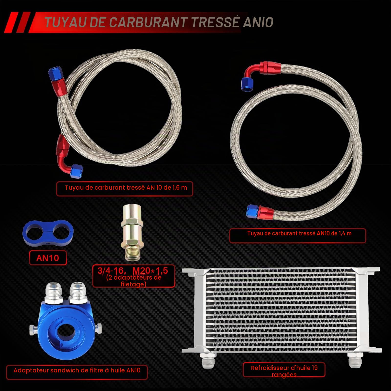 Refroidisseur d'huile 19 rangs AN10 Kit de connexion Refroidissement supplémentaire externe Refroidisseur d'huile universel Refroidisseur d'eau Refroidisseur d'huile de moteur