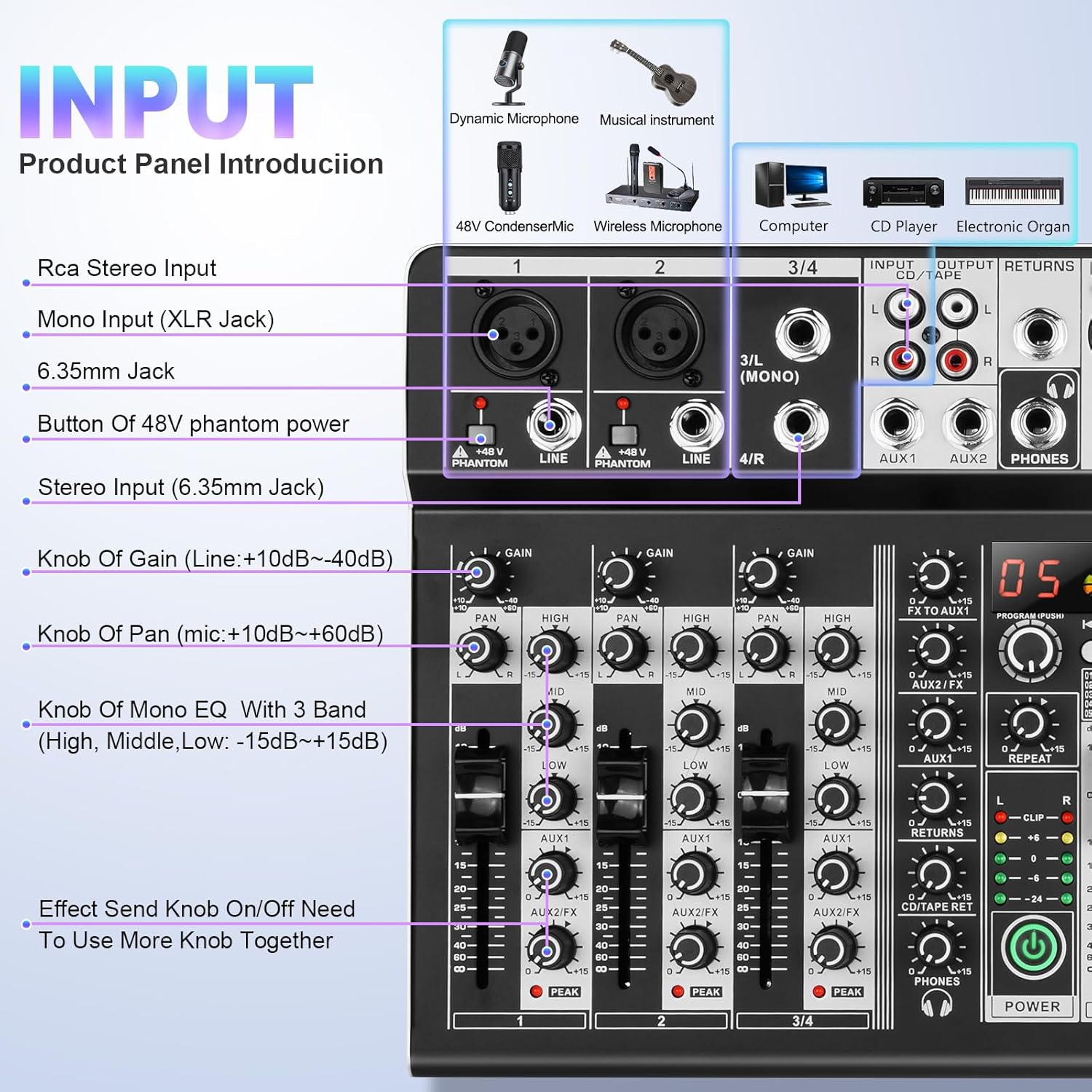 8 Channel Audio Mixer DJ Mixer Sound Board Console 16 Dsp USB Audio Interface MP3 Input +48V Phantom Bluetooth Studio Mixer Audio For Karaoke Streaming Recording