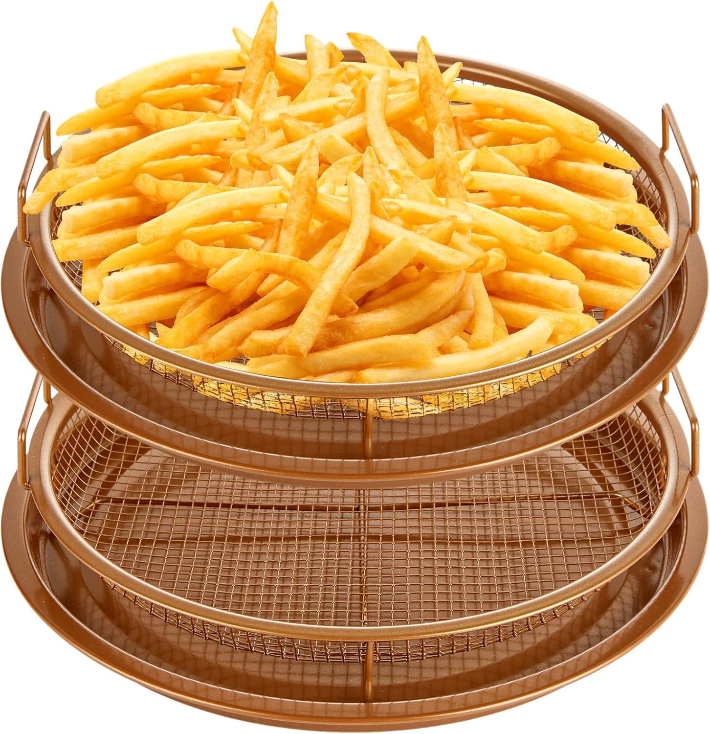 Large Round Steel Air Fryer Tray – Non-Stick Copper Crisper Basket & Baking Pan for Oven | Extra-Large Air Fryer Basket for Healthy Crispy Cooking