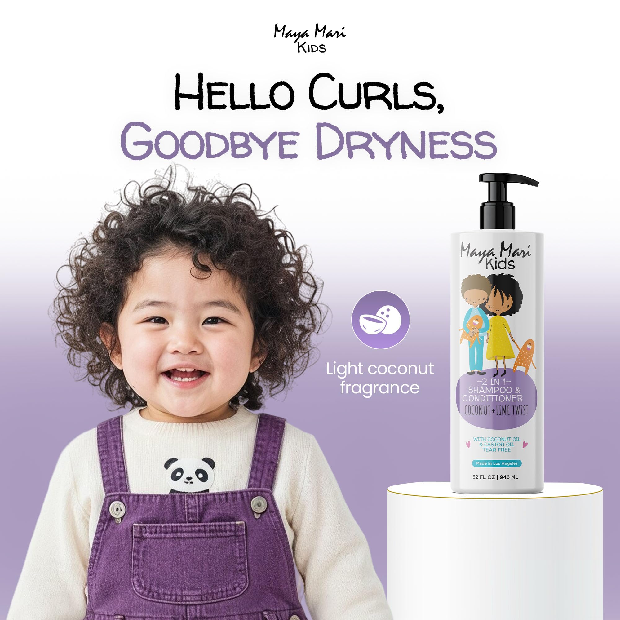 MAYA MARI Champú y acondicionador 2 en 1 para niños con aceite de coco y aceite de ricino, sin sulfatos ni lágrimas