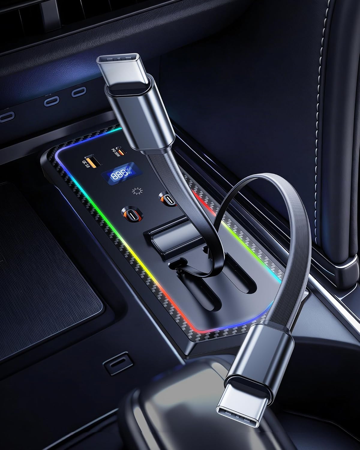 Car Charger USB Hub with RGB Light for 2024 2025 2026 Toyota Camry Accessories, 4-Port Docking Station with Retractable Cable, Cell Phone Fast Charging Hub for Camry Se/Xse Hybrid Accessories