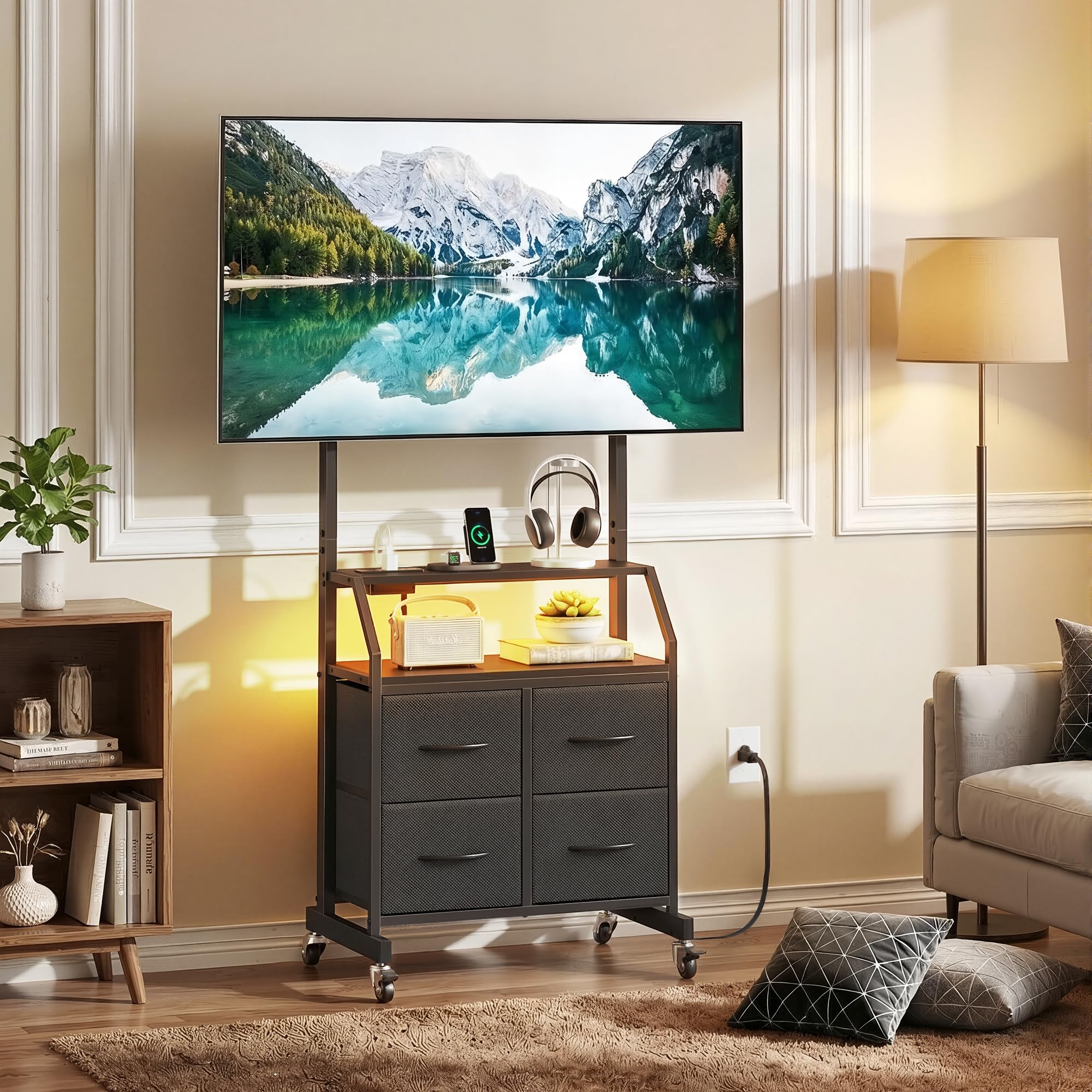 OYRREU LED Light TV Stand on Wheels with Mount and Power Outlets, Rolling TV Stand Adjustable Height & 4 Drawer Storage,Black - 3