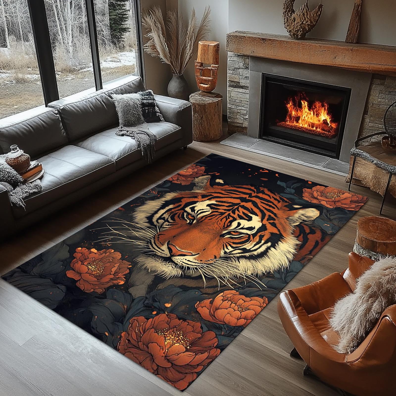 AOESELN 180x230 cm Animal Area Rug,Tropical Jungle Tiger,Plant Flower Floor Non-Slip Washable Mats,Soft and Durable Non-Linting Floor Mat for Living Room, Bedroom,Home Decor Carpets