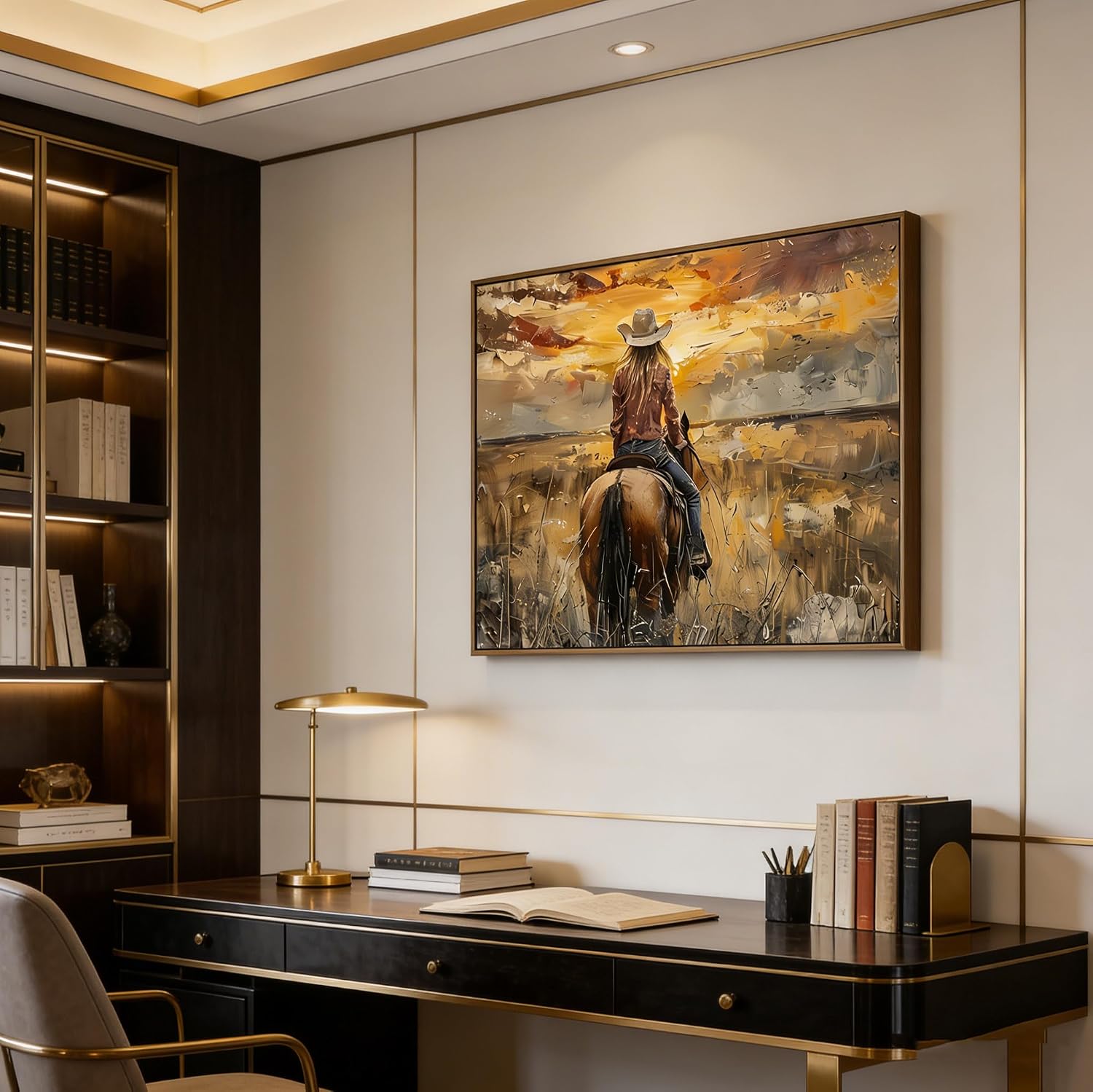 Paivovi Framed Western Cowgirl Riding Horse Canvas Wall Art Cowgirl Wall Decor Pictures Sunset Countryside Landscape Painting Print Vintage Artwork for Living room bedroom country decoration 12x16 in