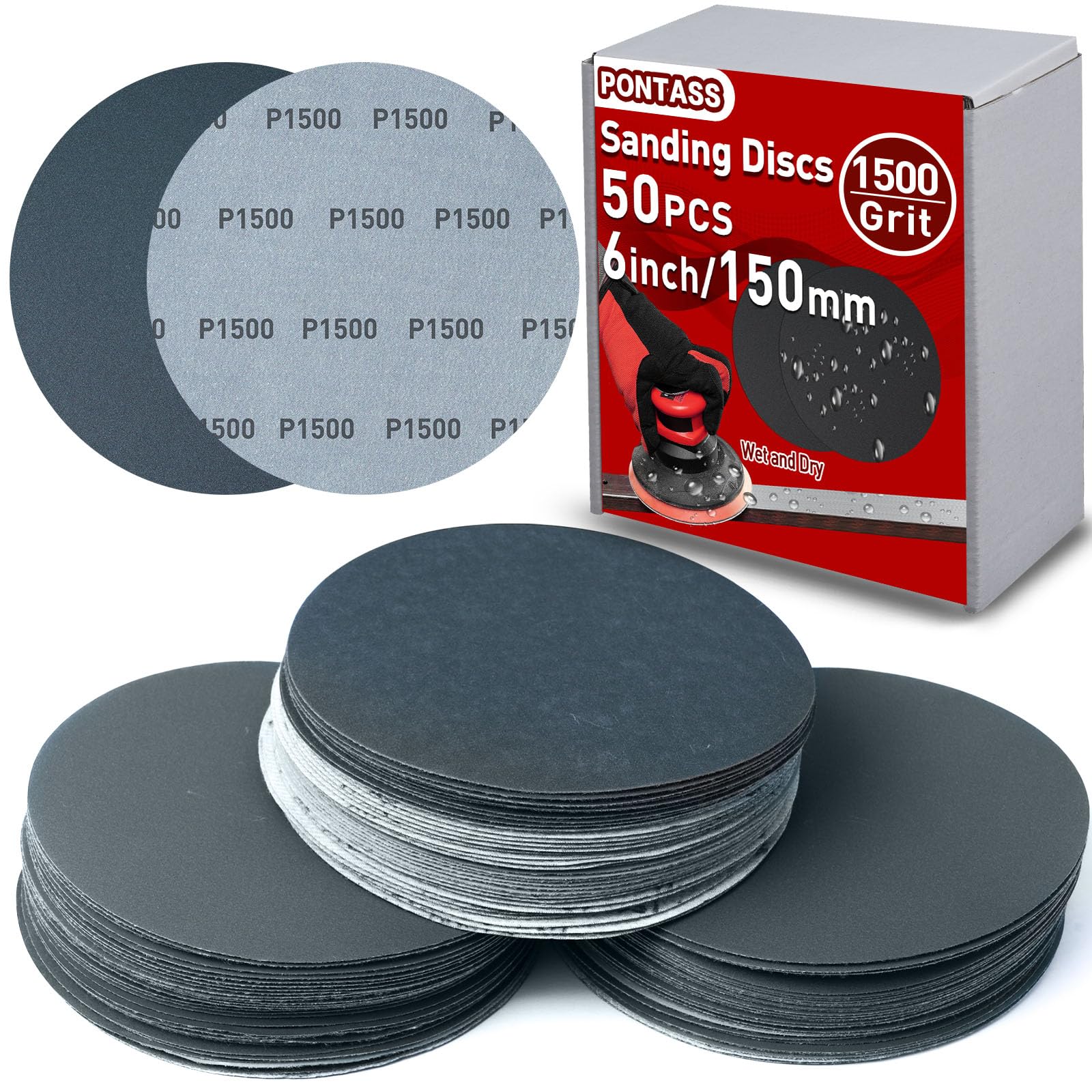 50 Pcs Sanding Discs 6 inches Hook and Loop Wet/Dry Sanding Pads for Random Orbital Sander, 1500 Grit round sandpaper disc,Silicon Carbide Flocking Sandpaper for Car Metal Mirror Jewelry Polishing