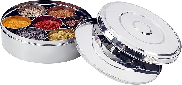 Zinel 7116 Spice Box/Masala Dabba with 7 Comparments and 2 Stainless Steel Lid, 22 cm, Silver