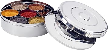 7116 Spice Box/Masala Dabba with 7 Comparments and 2 Stainless Steel Lid, 22 cm, Silver