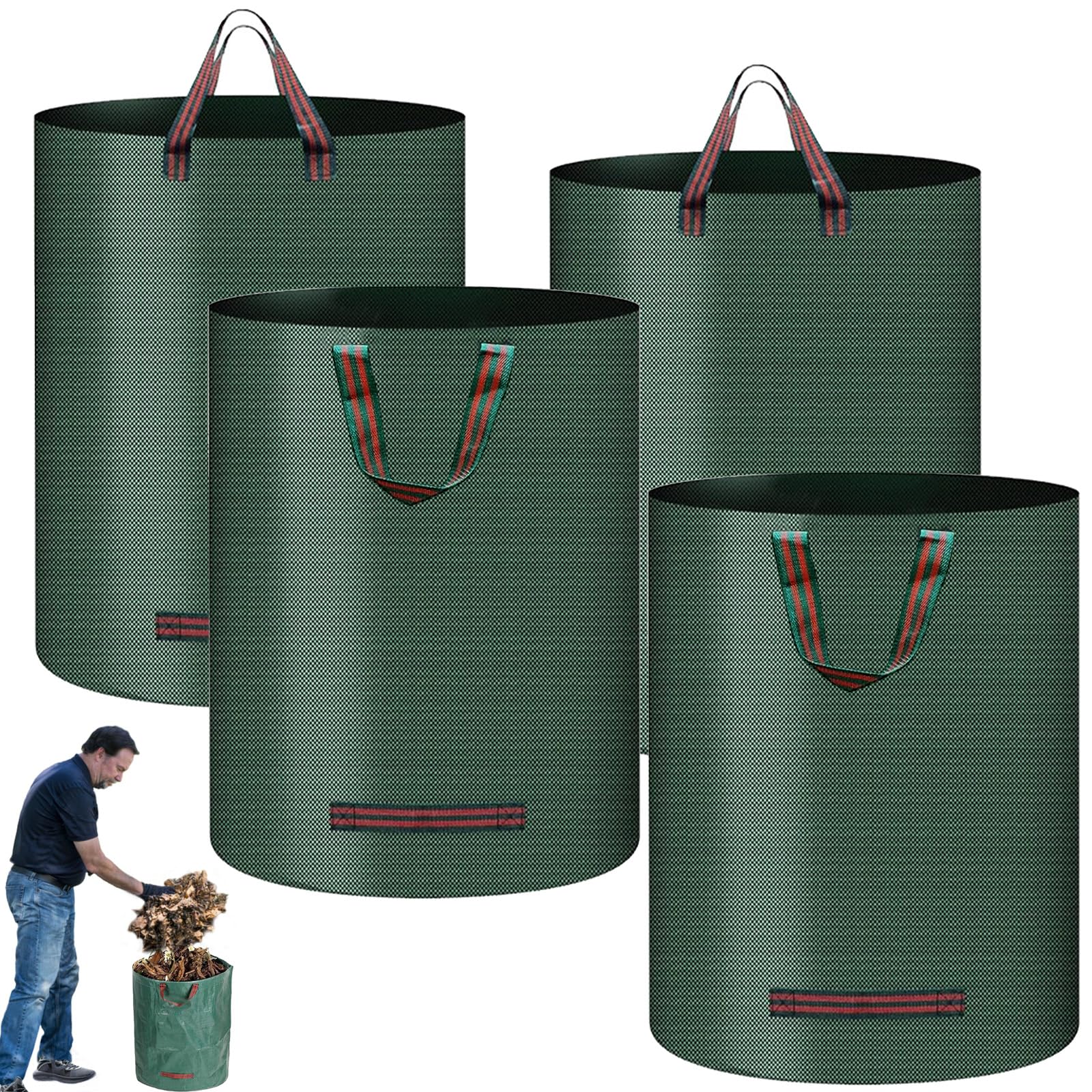 4 Piezas Sacos Basura Jardin con Asas, 272 Litros Bolsas Jardinería Reutilizables, Bolsa Basura Jardín Plegables Impermeables, Sacos Residuos Grandes para Hojas, Escombros, Soportar 65KG(Verde)