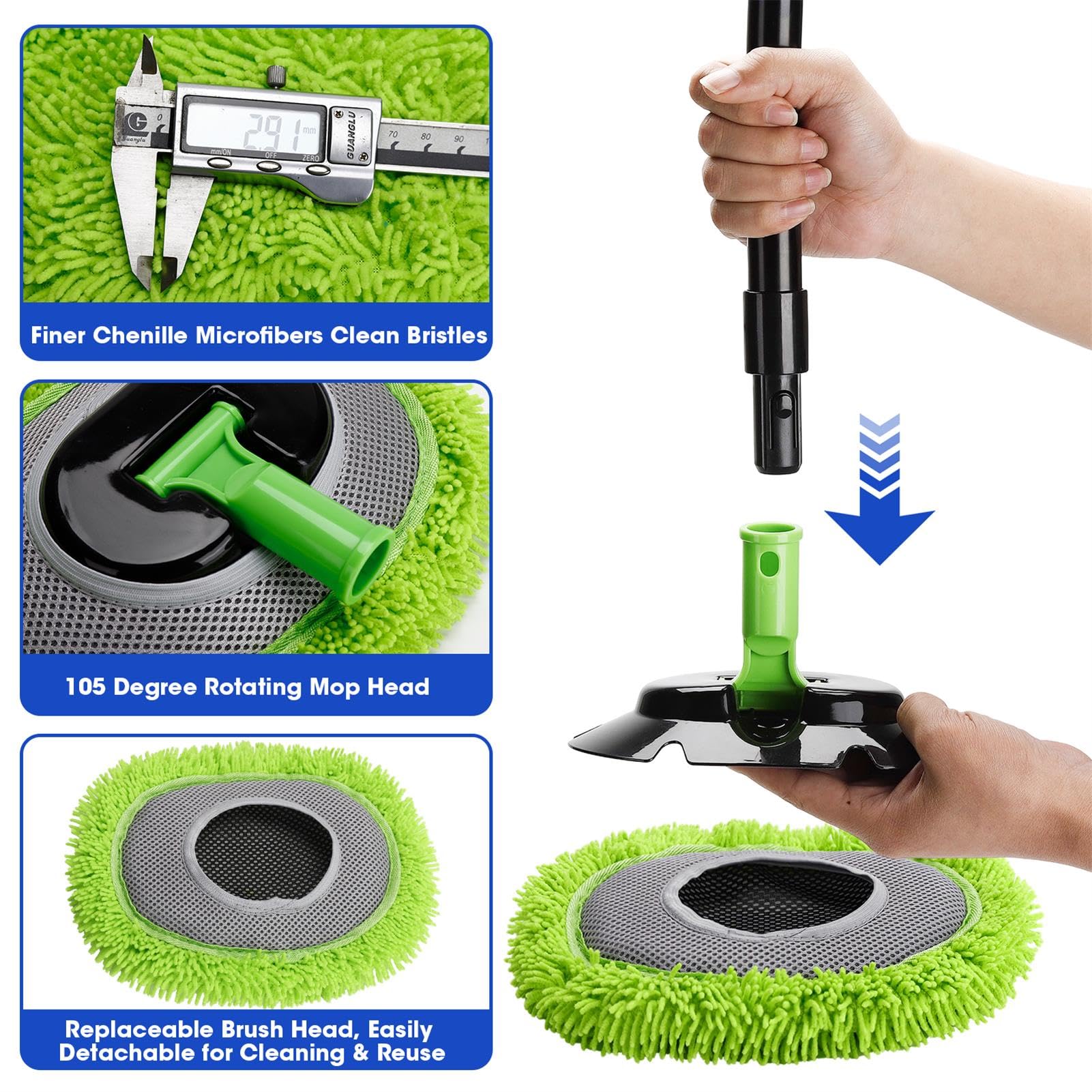 Limpiador de pared, Max 63 pulgadas, mopa verde con mango largo, trapeador de polvo de techo con poste de extensión de 15° que ahorra trabajo, cepillo de limpieza de zócalo, herramienta de cepillo de