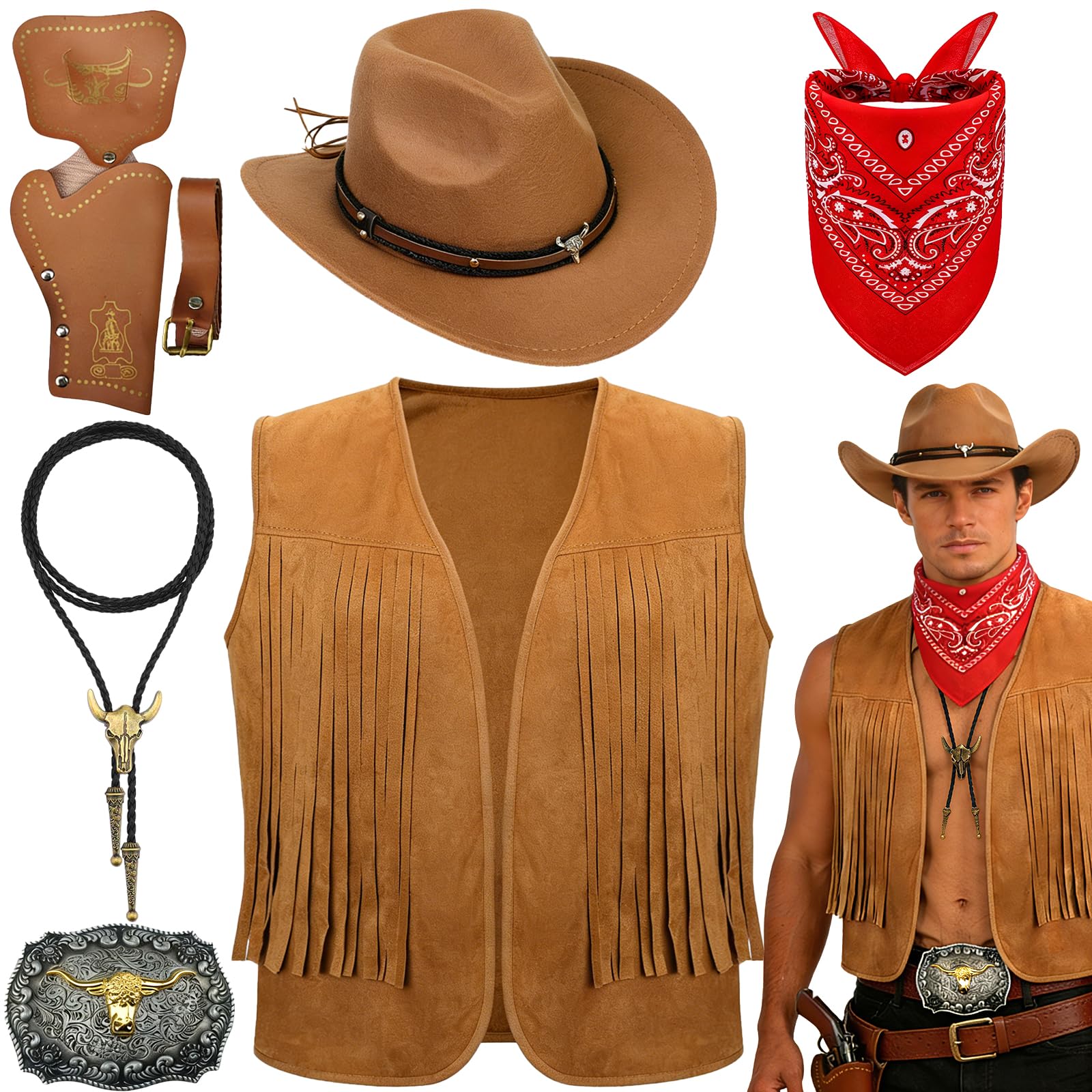 5-częściowy zestaw kostiumu kowbojskiego westernu, kostium kowbojski, fantazyjna sukienka z kamizelką, kapelusz z szerokim rondem, bandana, głowa byka, naszyjnik dla dorosłych mężczyzn, karnawał