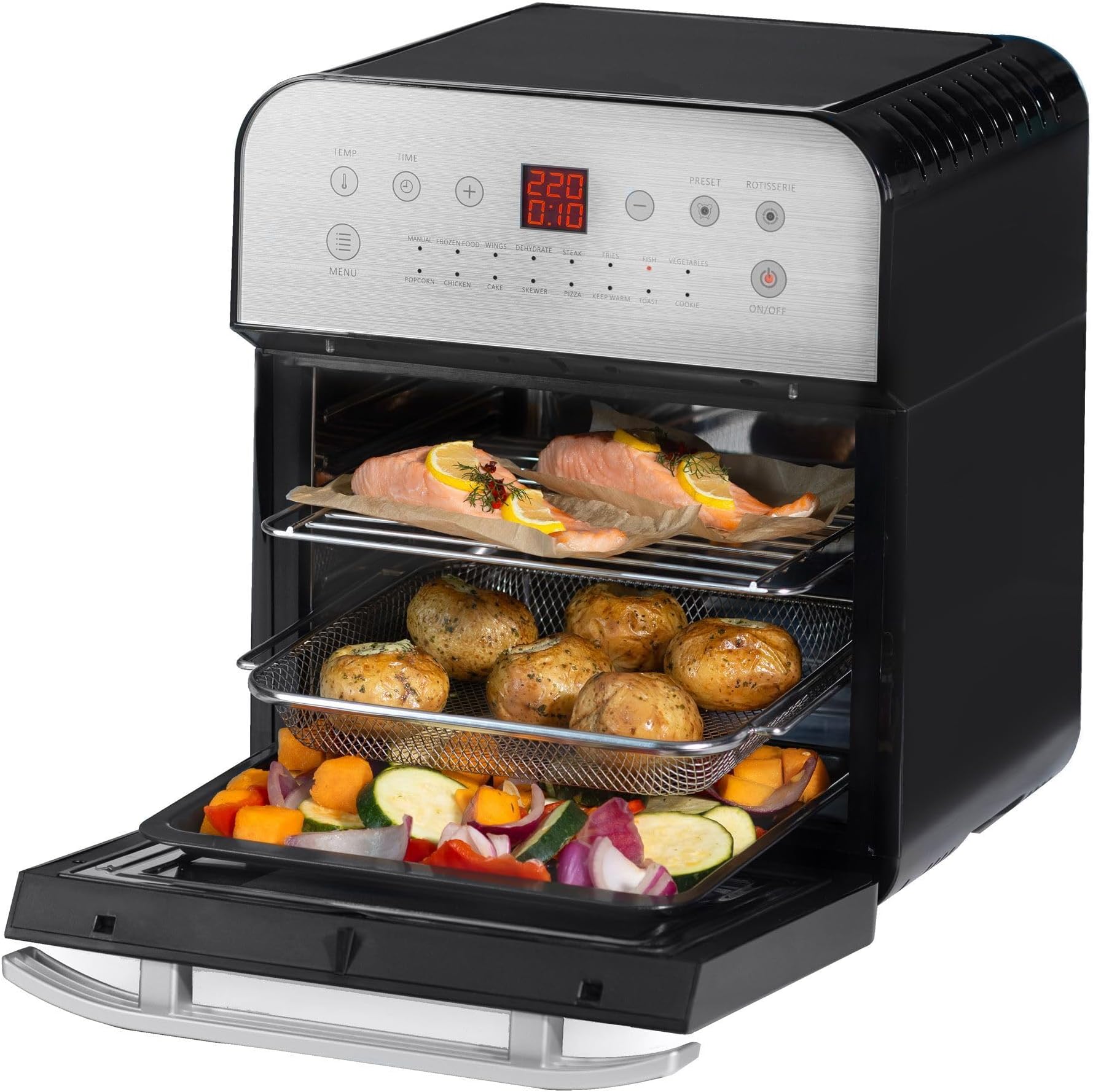 LIVIVO 1600W 12L Digital Air Fryer Rotisserie Oven, Multi-Function Counter-Top Convenient and Healthy Oil-Free Bake, Roast, Reheat and Toasting with Drip Tray, Wide Basket, Spit Forks and Rotisserie