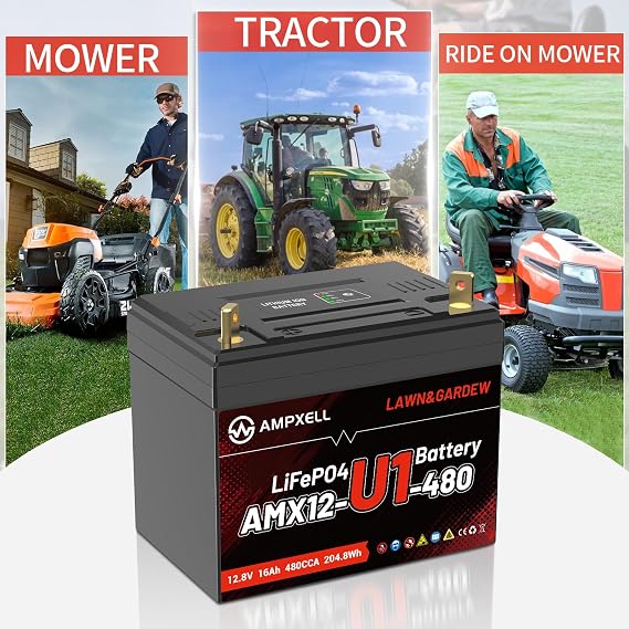 U1 Lithium LiFePO4 Lawn Mower Battery 12V 480CCA, Group U1 Riding Lawn Mower Tractor Battery Replacement for John Deere Cub Cadet Craftsman Troy-Bilt