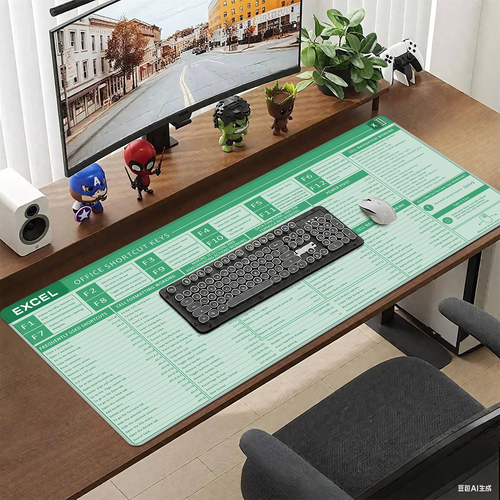 Baziabbo Schreibtischunterlage, Excel Spickzettel Tastaturmatte, Excel Shortcut Schreibtischunterlagen, rutschfestes Excel-Mauspad mit genähten Kanten für Computer (Blattgrün)