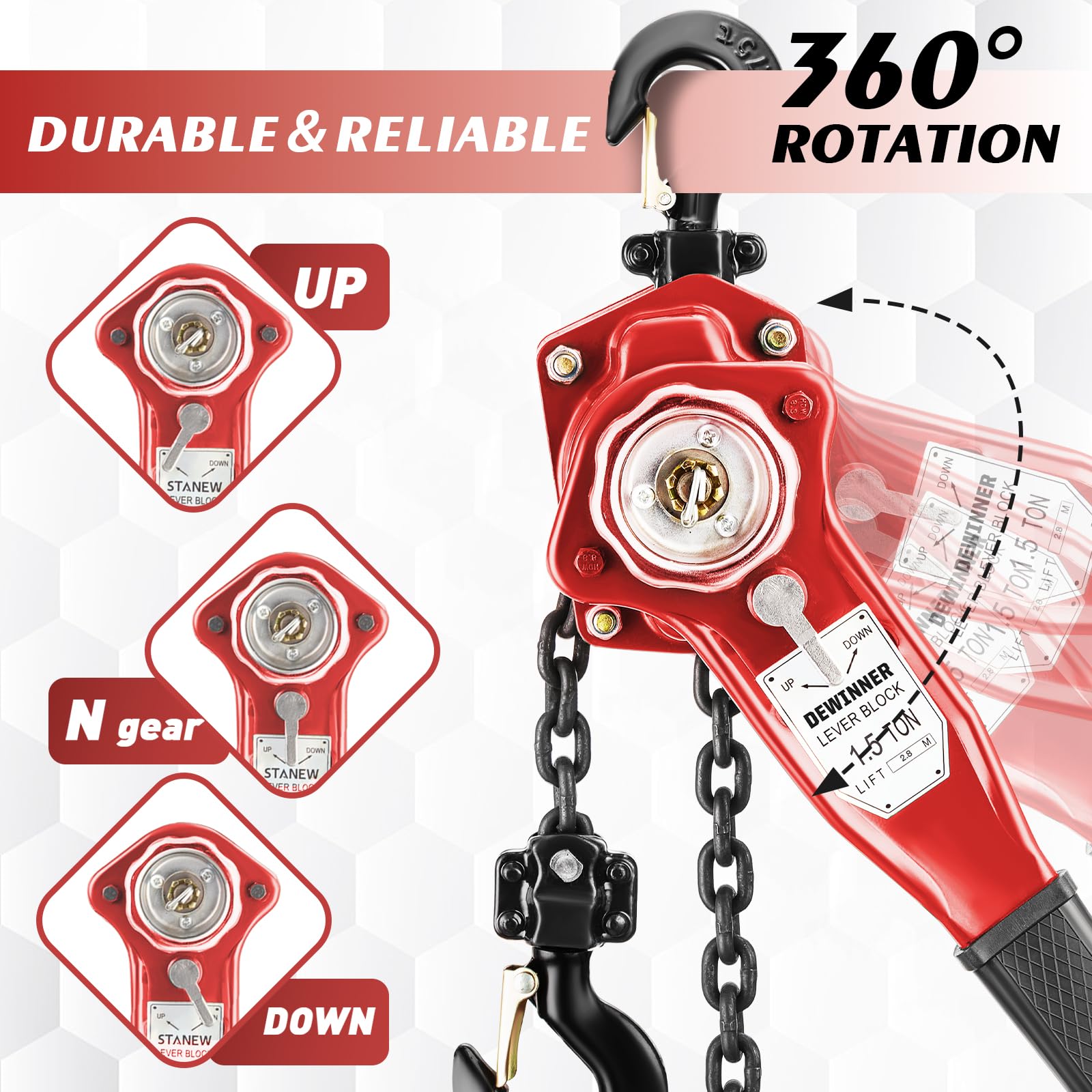 Paranco a leva manuale 1,5 t DEWINNER, altezza di sollevamento 2,8 m, catena G80 in acciaio al carbonio, gancio orientabile a 360°