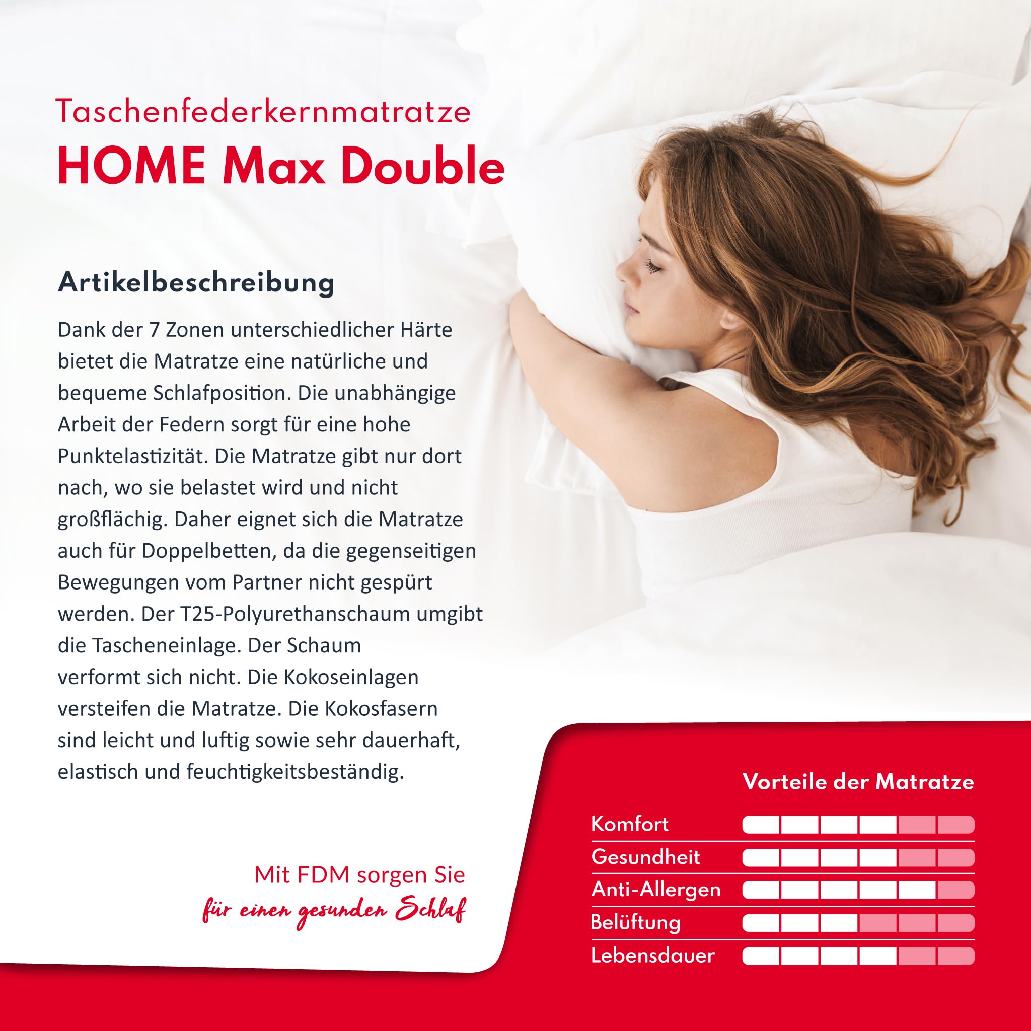 FDM HOME MAX DOUBLE Materasso una Piazza e Mezza 120x200 cm Alto 26 cm Materasso a Molle Insacchettate Grado di Rigidità H3 H5 Due Lati 7 Zone di Comfort Strato di Cocò OEKO-TEX Anallergic