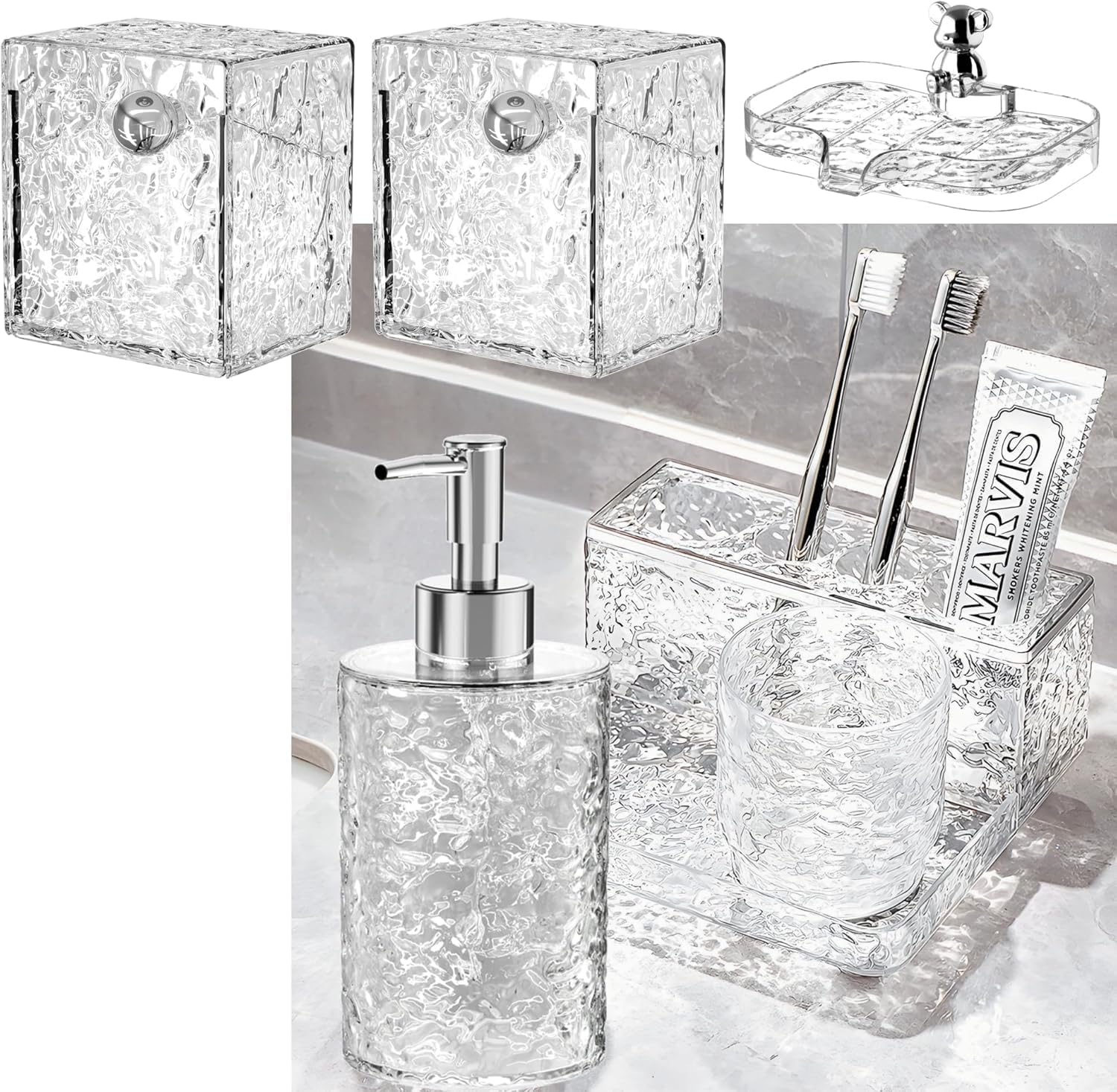 Bathroom Accessories Set 6-Piece, Toothbrush Holder, Soap Dispenser, Soap Dish, Cotton Swab Jars, Toothbrush Cup, Modern Bath Organizers and Storage, No Drilling Wall-Mounted Bath Decor