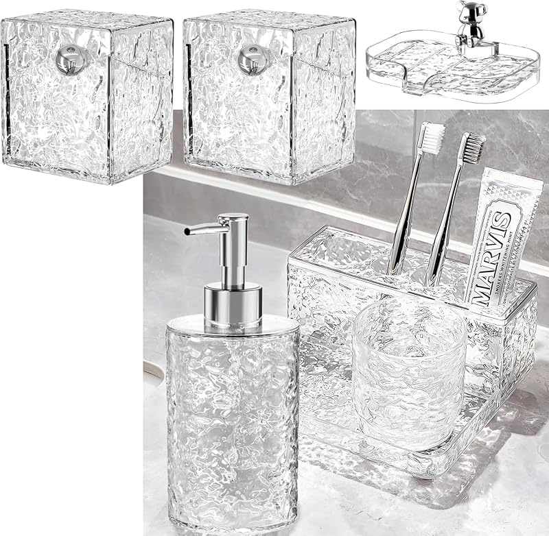 Bathroom Accessories Set 6-Piece, Toothbrush Holder, Soap Dispenser, Soap Dish, Cotton Swab Jars, Toothbrush Cup, Modern Bath Organizers and Storage, No Drilling Wall-Mounted Bath Decor