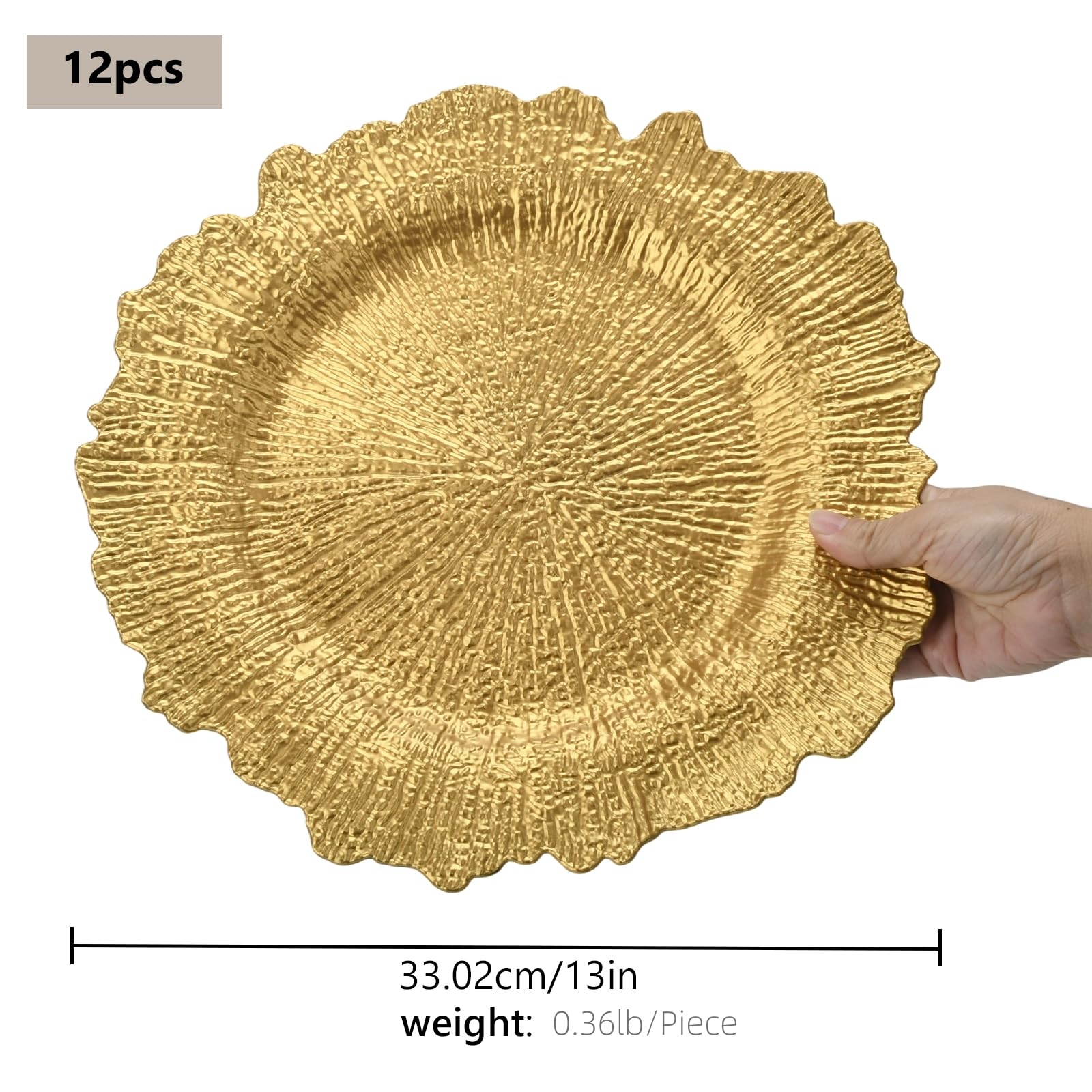 Lot de 12 assiettes de présentation dorées de 33 cm, motif récif rond, en plastique, pour assiettes plates, décoration de mariage, décoration de table (irrégulière)
