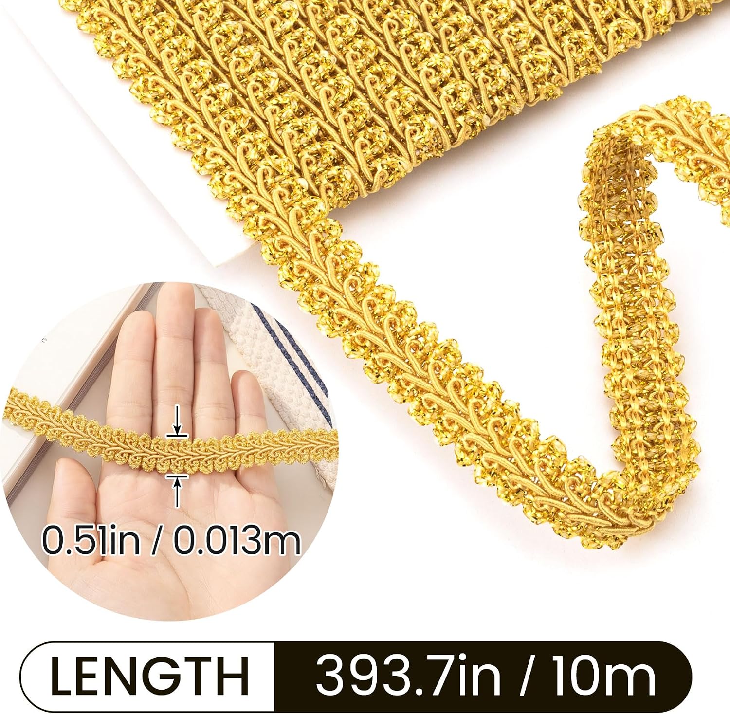 OIIKI 10.93 Yards Gold Lace Fabric Trim for Sewing, 0.51” Gold Braided Trims, Polyester Woven Sewing Decorative Trim for Curtains DIY Crafts Wedding Costume Decoration