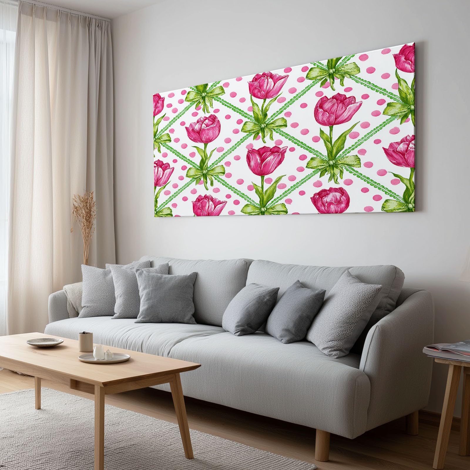 Tulpe Floral Rosa Punkte Karo Modernes Leinwandbild 120L x 60B cm mit Rahmen, Französischer Landhaus XXL Wanddeko für Wohnzimmer Geschenk Idee Einzug - Hochwertiger Kunstdruck auf Holzrahmen