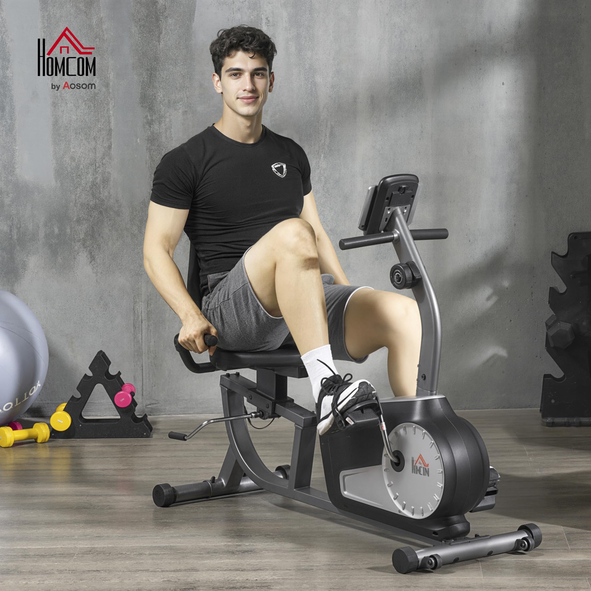 HOMCOM Cyclette da Casa con 8 Livelli di Resistenza, Cyclette Orizzontale Recumbent con Ruote, Monitor LCD e Seduta Regolabile, in Acciaio e ABS, per Home Gym Casa, 122-137x62x103cm