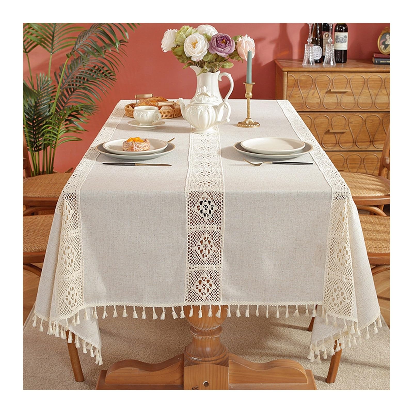 Nappe de table anti tache beige en dentelle à carreaux avec glands