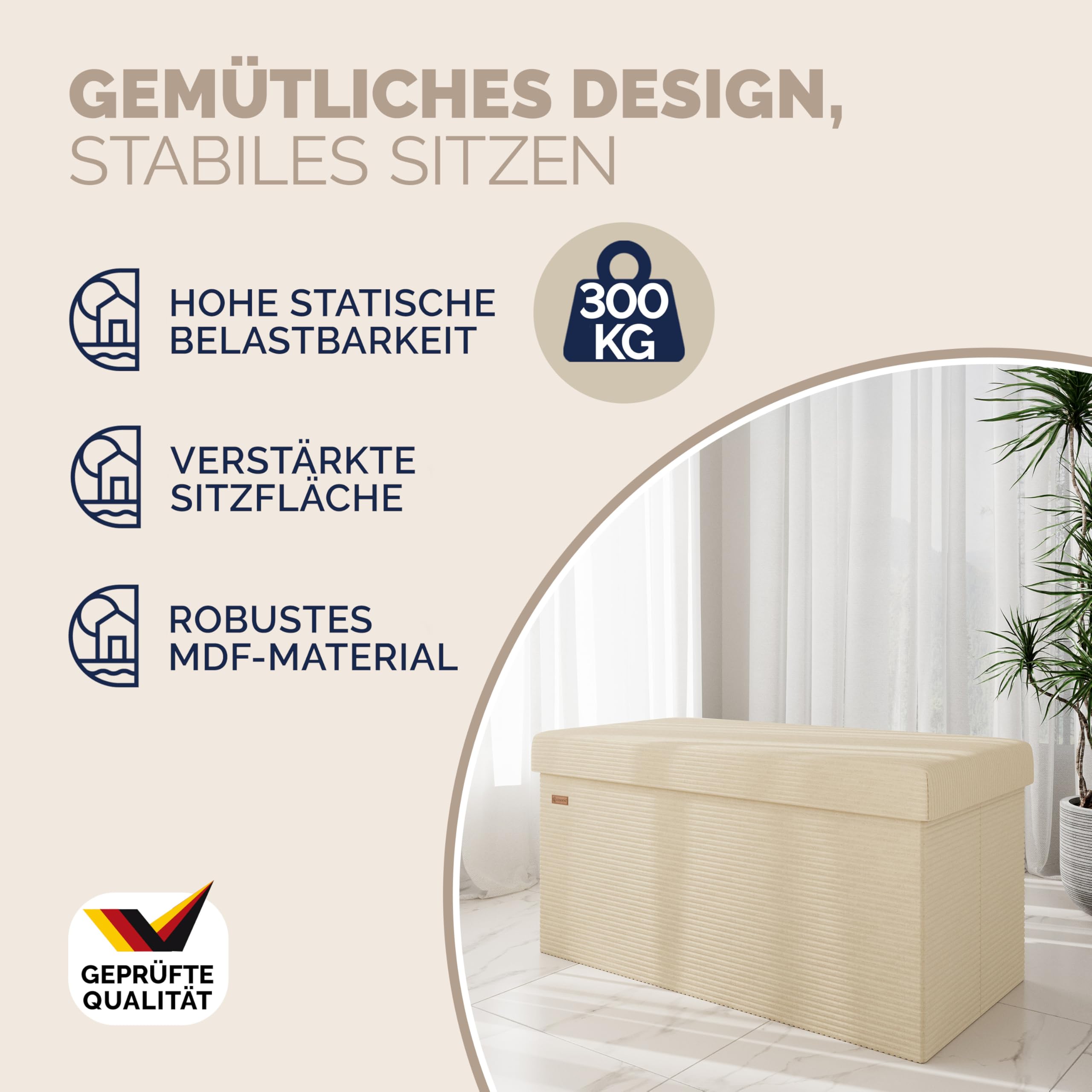 Casaria® Sitzbank mit Stauraum Beige Cord Faltbar Sitzbank 300kg Belastbar 76x38cm Truhe für Wohnzimmer Schlafzimmer Flur Diele Truhenbank Bank