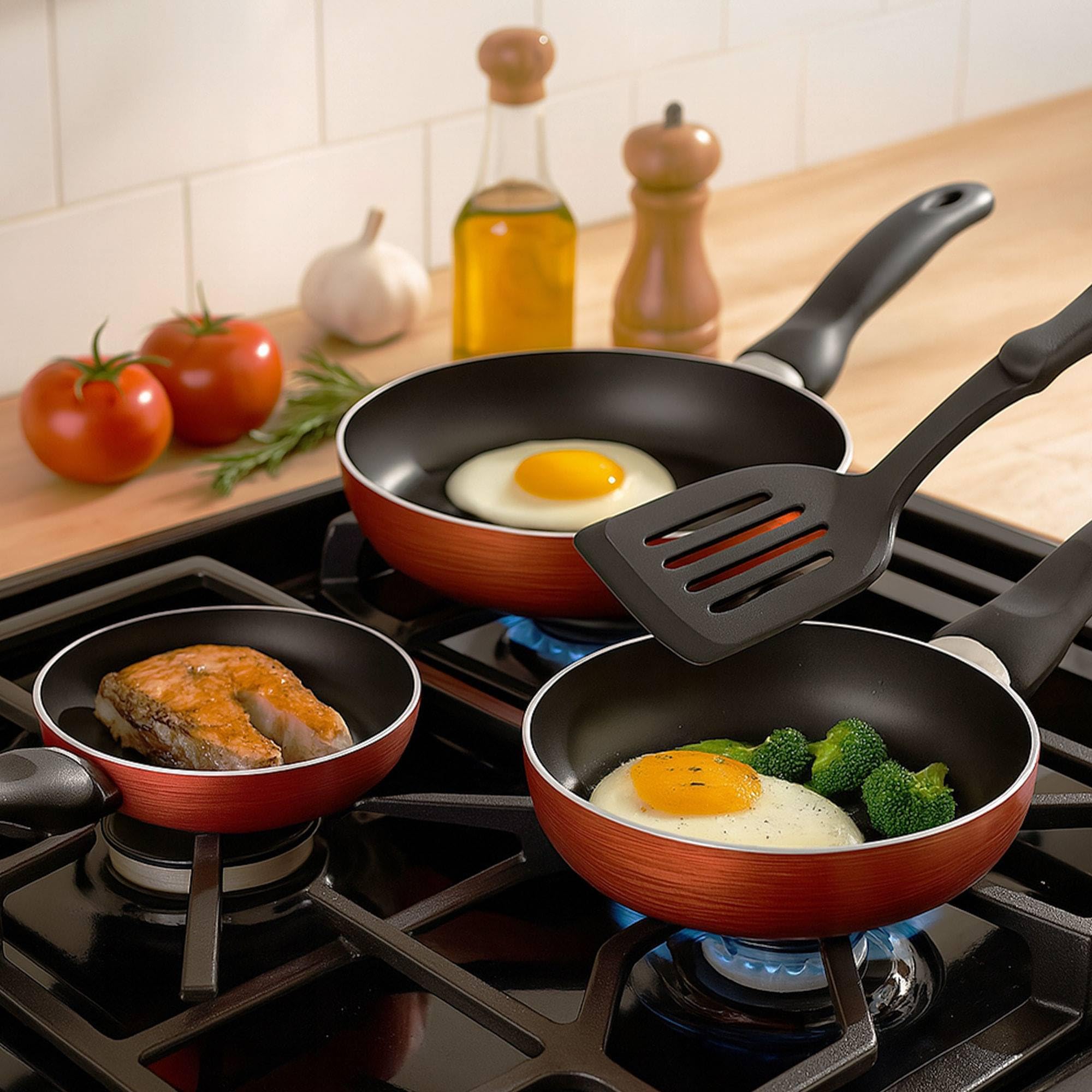 Well Home Pack Batería de cocina 5 Piezas en acero inoxidable + Sartenes Ø16Ø20Ø24Ø28cm Aluminio prensado Cobre metalizado