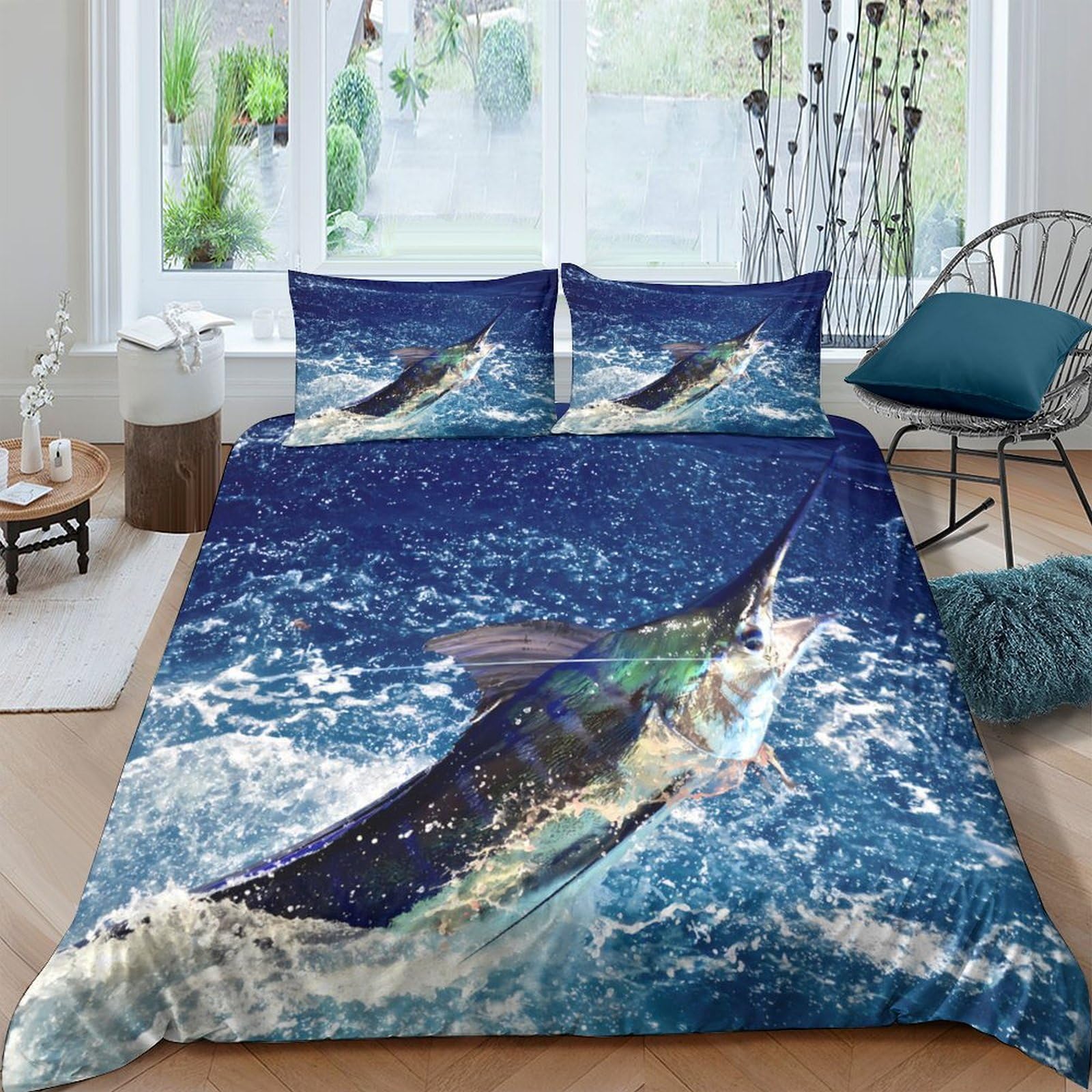 Ctjqhvkz Style-2 3D Printed Ocean Blue Marlin Fitted Sheet Microfiber Soft Breathable Sea Wave Mattress Cover For Bedroom Dorm Decor Single（135X200cm）