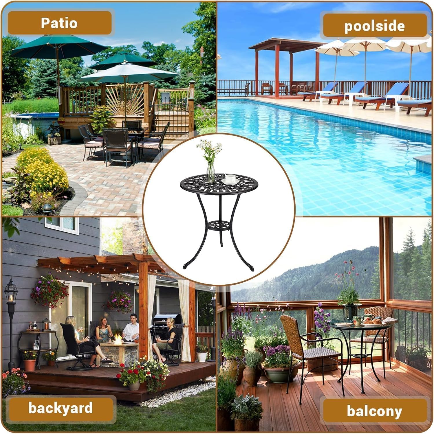 GarveeHome 23.4 in Round Cast Aluminum Patio Bistro Table with Umbrella Hole, All-Weather Antique Tulip Outdoor Side Table for Balcony, Porch, Backyard or Poolside, Black