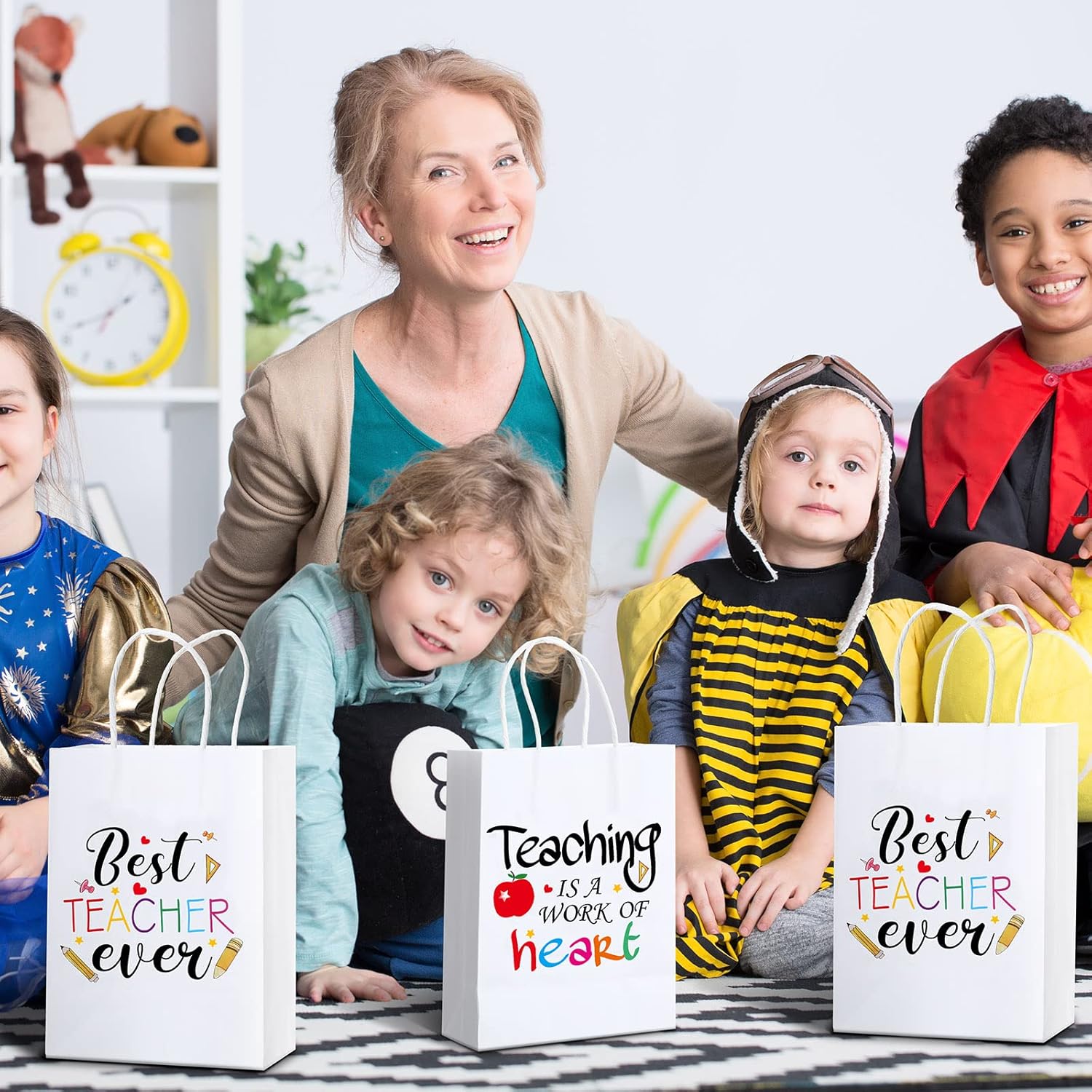 Tinlade 18 Pcs Teacher Appreciation Gift Bags Best Teacher Ever Paper Bags Back to School Gifts Teaching Is a Work of Heart Wrap Pouch with Handle for Teachers' Day First End of the School Year(White) - Image 5