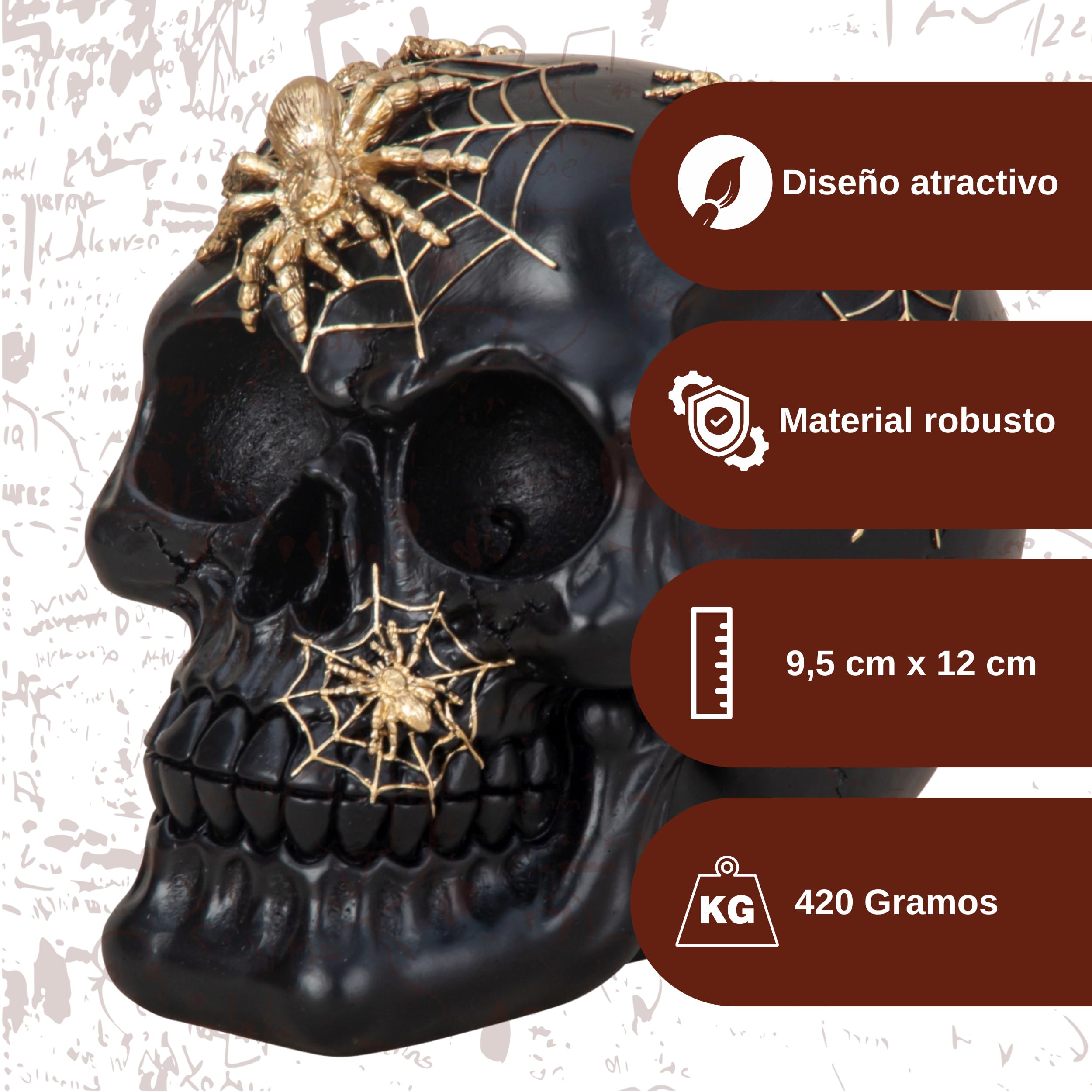 Calavera decorativa negra con arañas – calavera oscura romance – esqueleto cráneo – decoración espeluznante – Escultura del Día de los Muertos – Escultura espeluznante Halloween – esqueleto