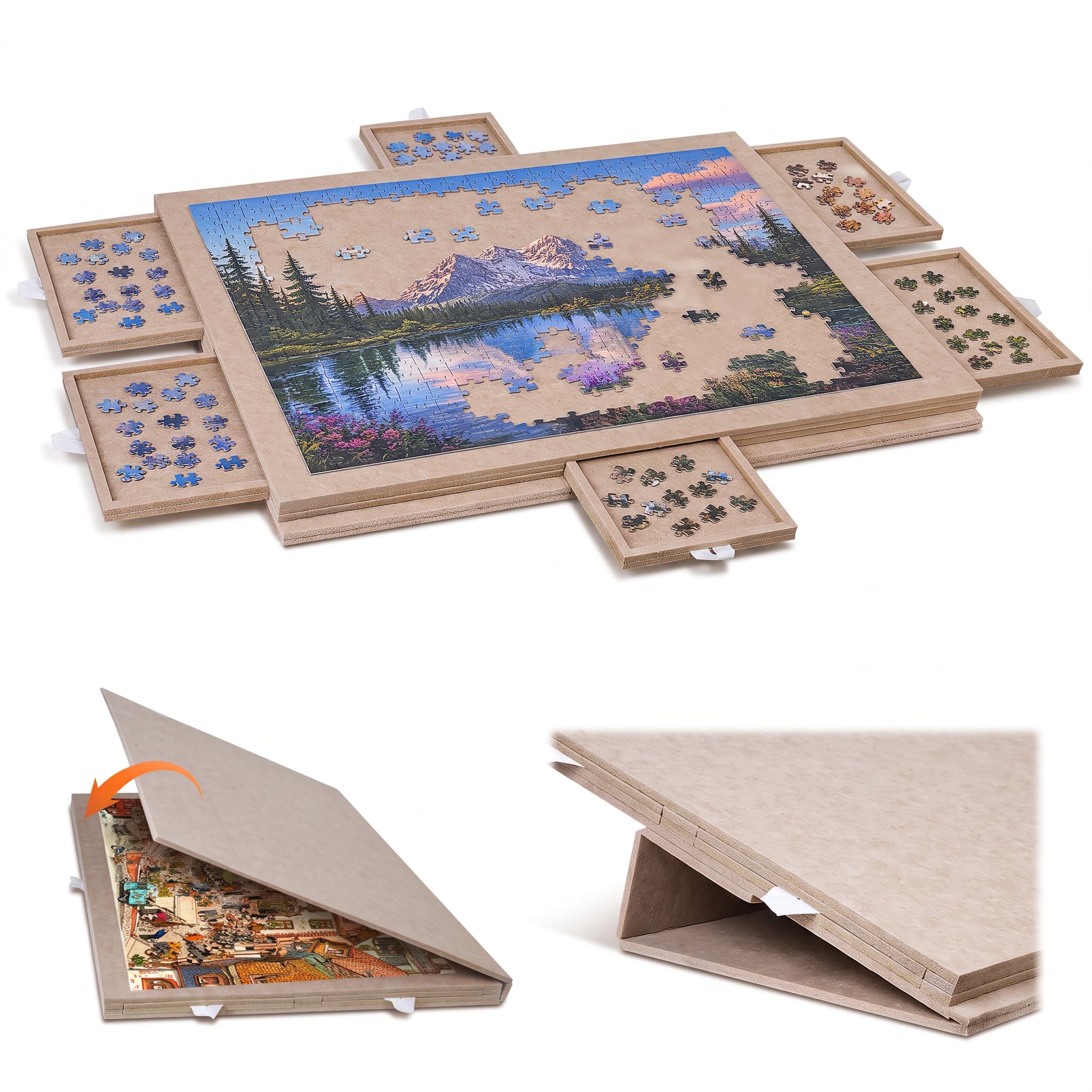 Tapete Puzzle 1000 Piezas con 6 Cajones de Clasificación, Beige