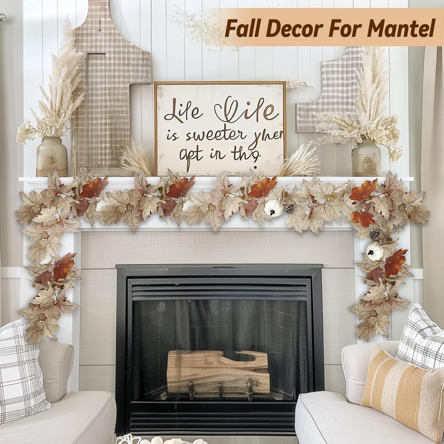5.9ft Fall Maple Leaf Garland with White Pumpkins and Pinecones