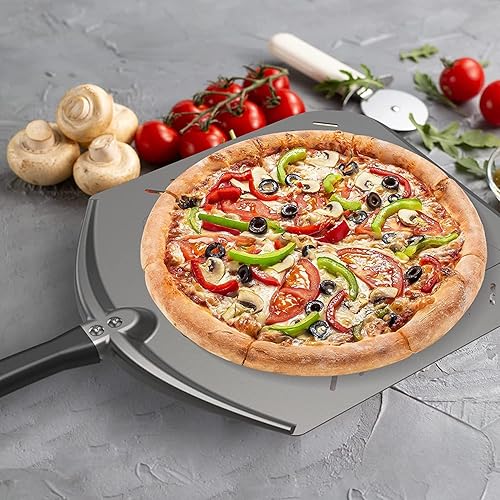 Miniatura 5 de Q Pizza Pala de pizza perforada de 14 pulgadas, antiadherente para torneado de pizza, accesorio para horno de pizza, espátula de metal extra grande