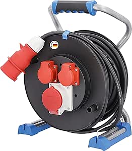 as - Schwabe CEE Starkstrom Kabeltrommel 25m Leitung, 2 Schutzkontaktsteckdosen 230 V, 1 CEE-Steckdose 5-polig, 400V 16 A für den Außenbereich und Baustelle H07RN-F 5G 1,5, Schwarz, 10155