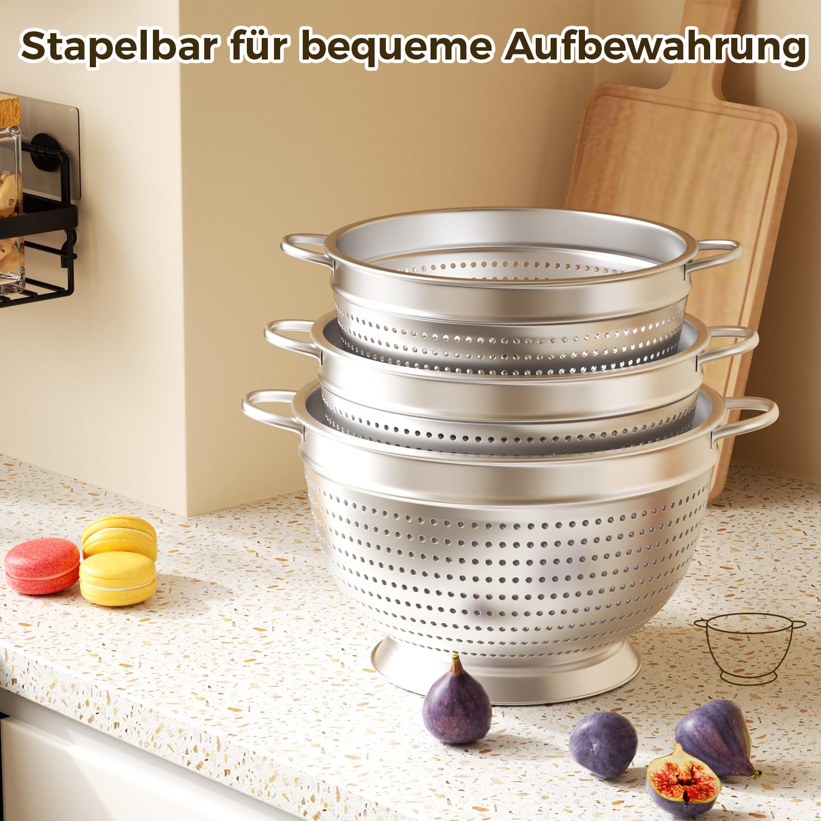 Set di 3 colino da cucina in acciaio inox, 20/24/26 cm, filtro da cucina in metallo con manico, filtro a maglia fine per lavare pasta, verdure, frutta e riso (5)
